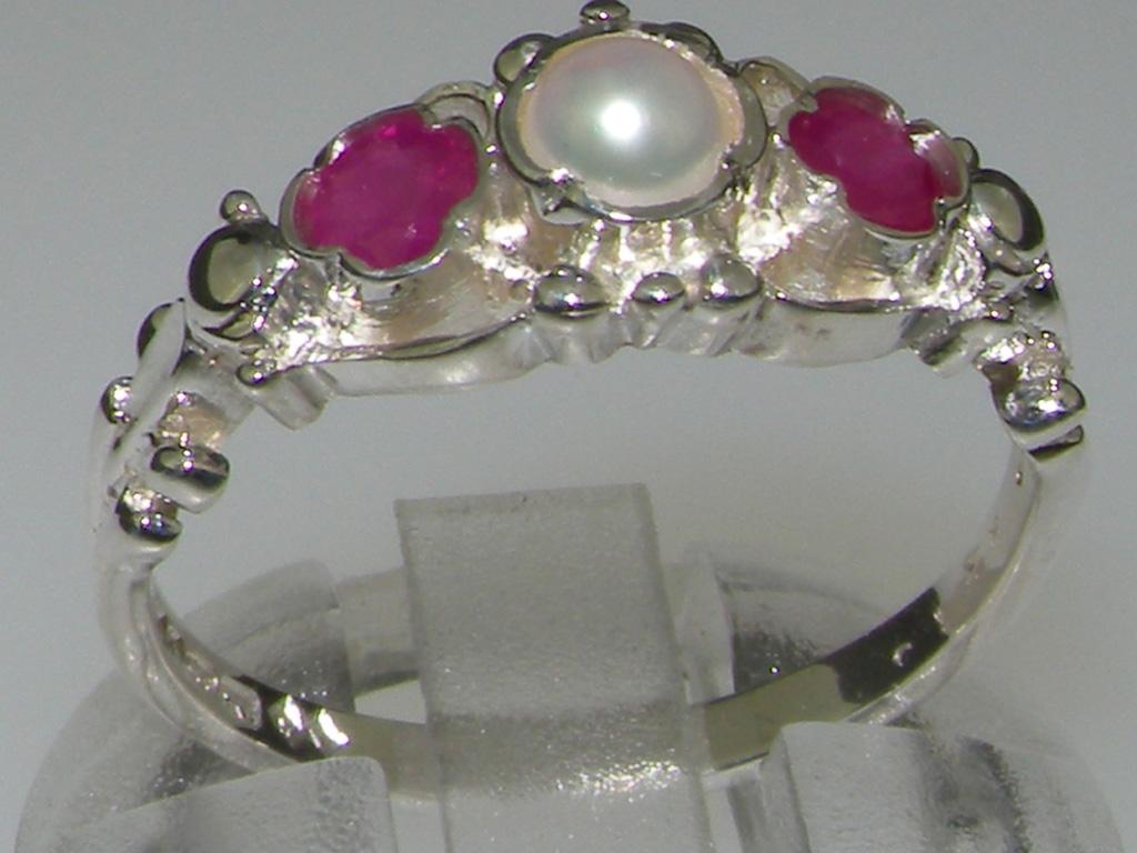 For Sale:  10k White Gold Pearl & Ruby Womens Trilogy Ring, Customizable 2