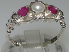 10k White Gold Pearl & Ruby Womens Trilogy Ring, Customizable