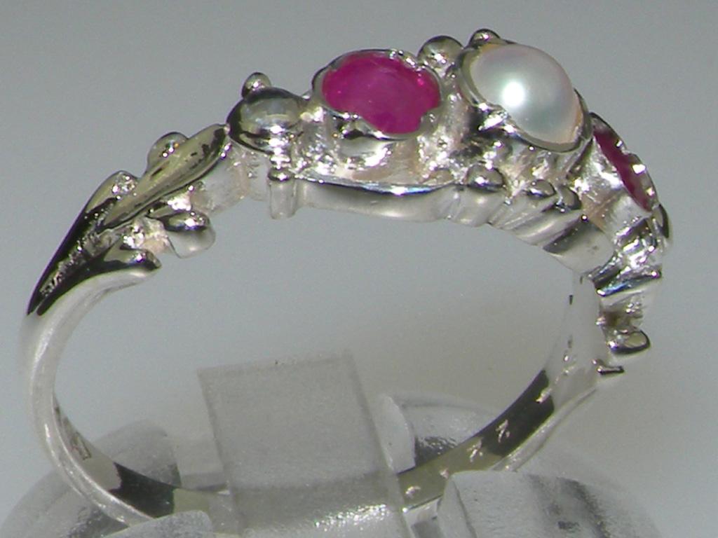 For Sale:  10k White Gold Pearl & Ruby Womens Trilogy Ring, Customizable 3