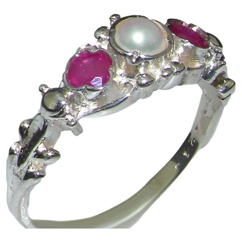 For Sale:  10k White Gold Pearl & Ruby Womens Trilogy Ring, Customizable