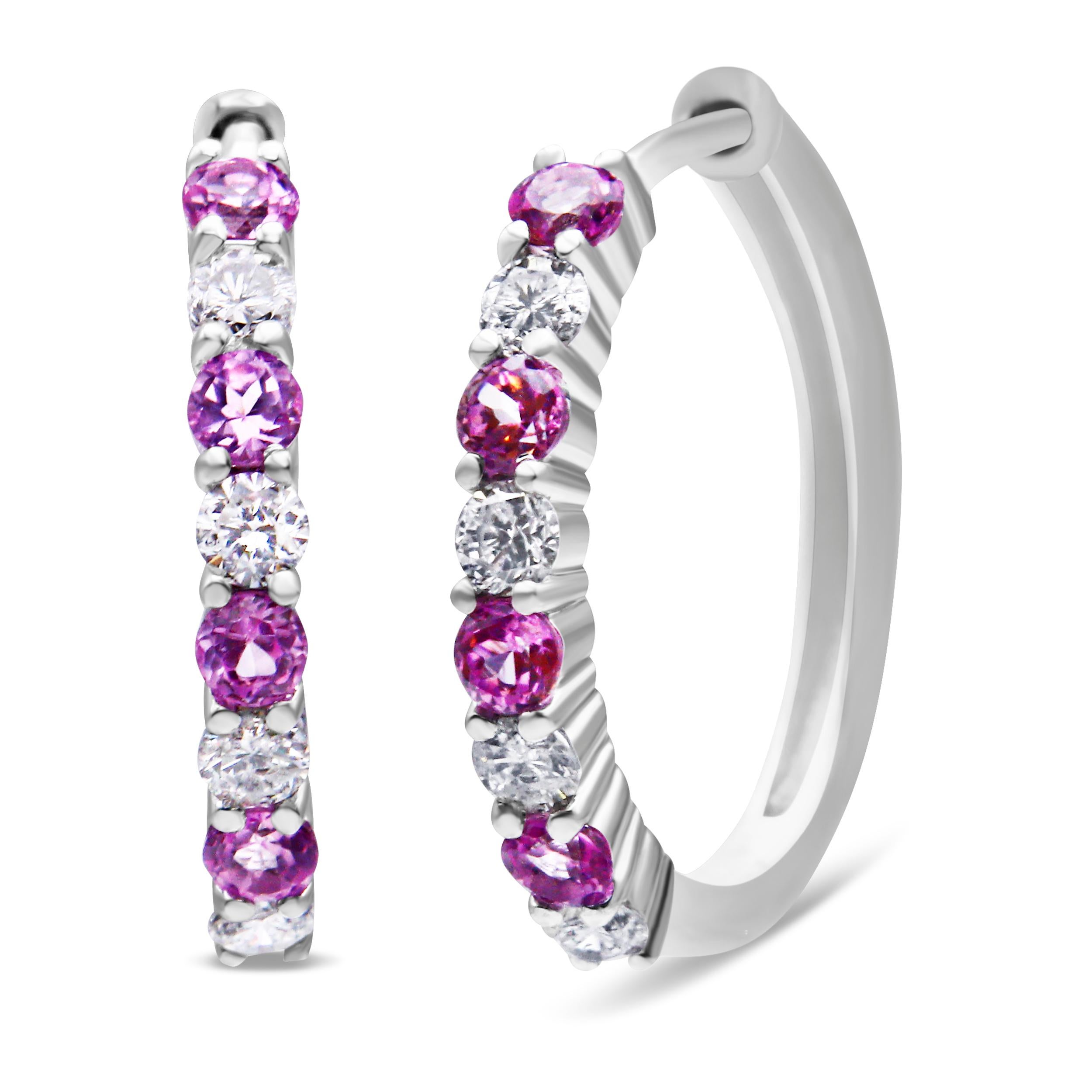 Crafted in polished 10k white gold, these gorgeous hoop earrings features an alternating design of 2.5MM pink sapphire gemstones and 1/2ct TDW of round cut diamonds that line the front half of this earring. This is the perfect accessory to add