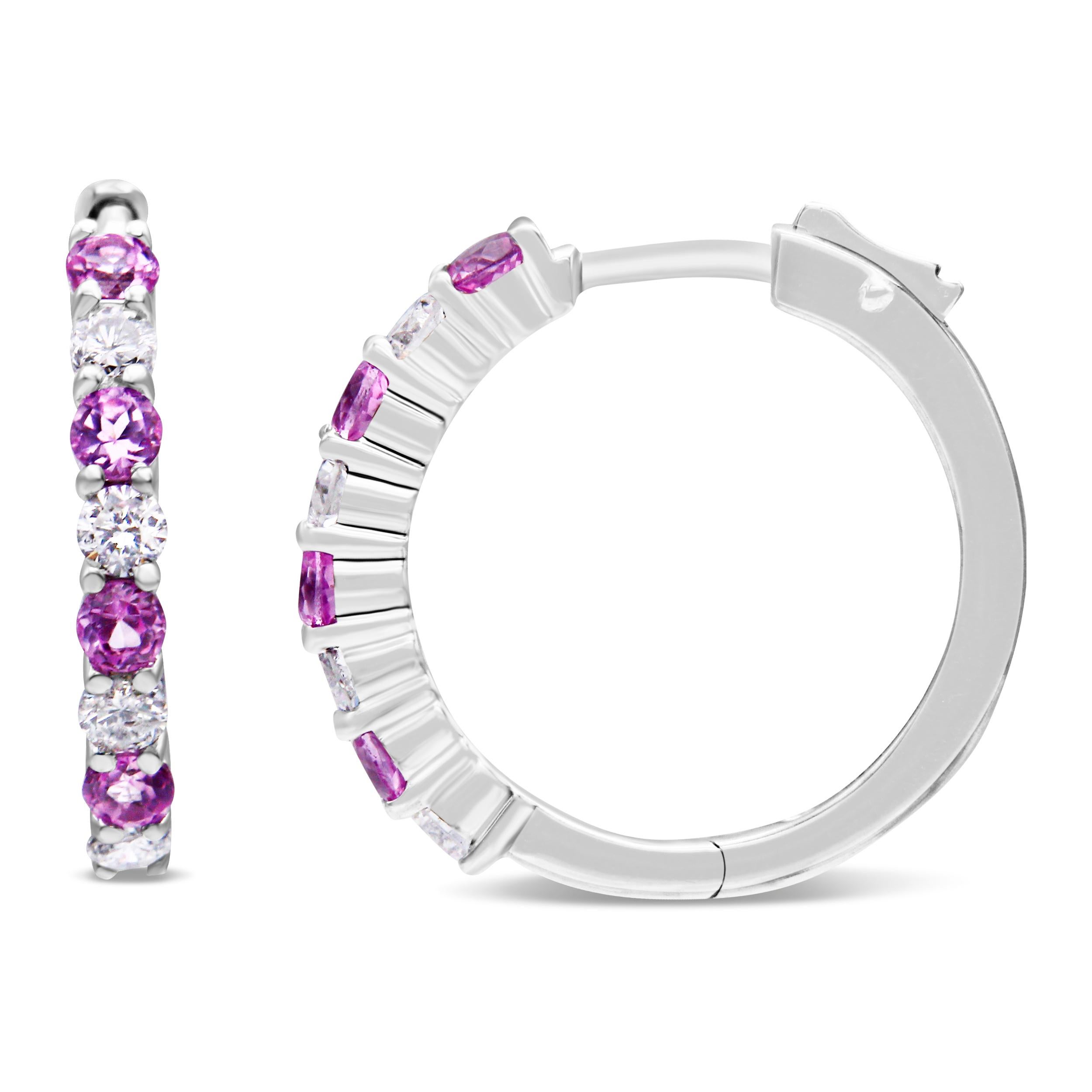 Contemporary 10K White Gold Pink Sapphire Gemstone and 1/2 Carat Diamond Hoop Earrings For Sale