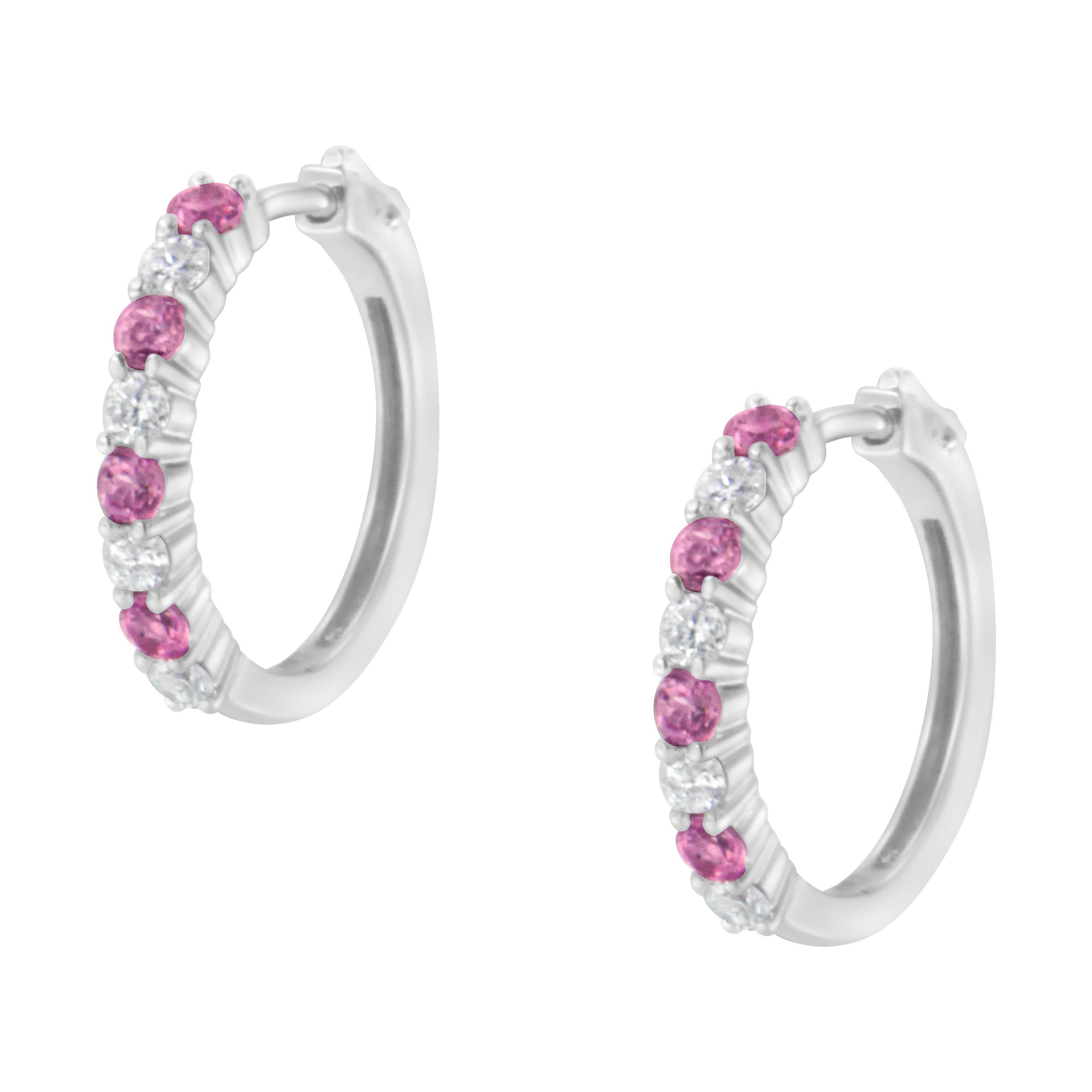 Round Cut 10K White Gold Pink Sapphire Gemstone and 1/2 Carat Diamond Hoop Earrings For Sale