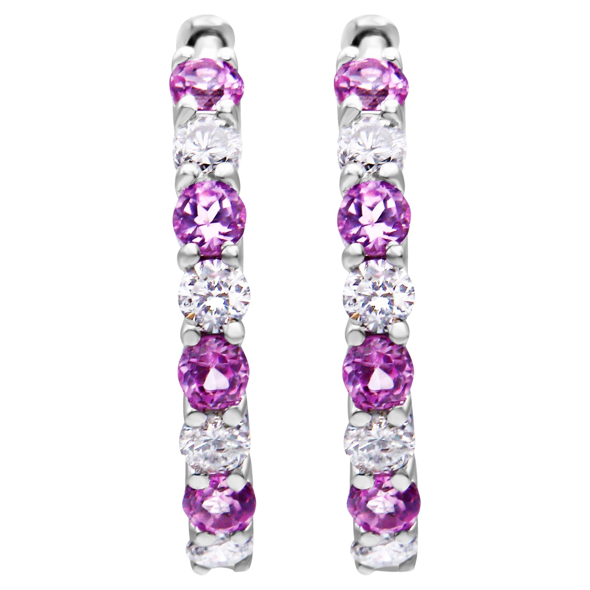 10K White Gold Pink Sapphire Gemstone and 1/2 Carat Diamond Hoop Earrings For Sale