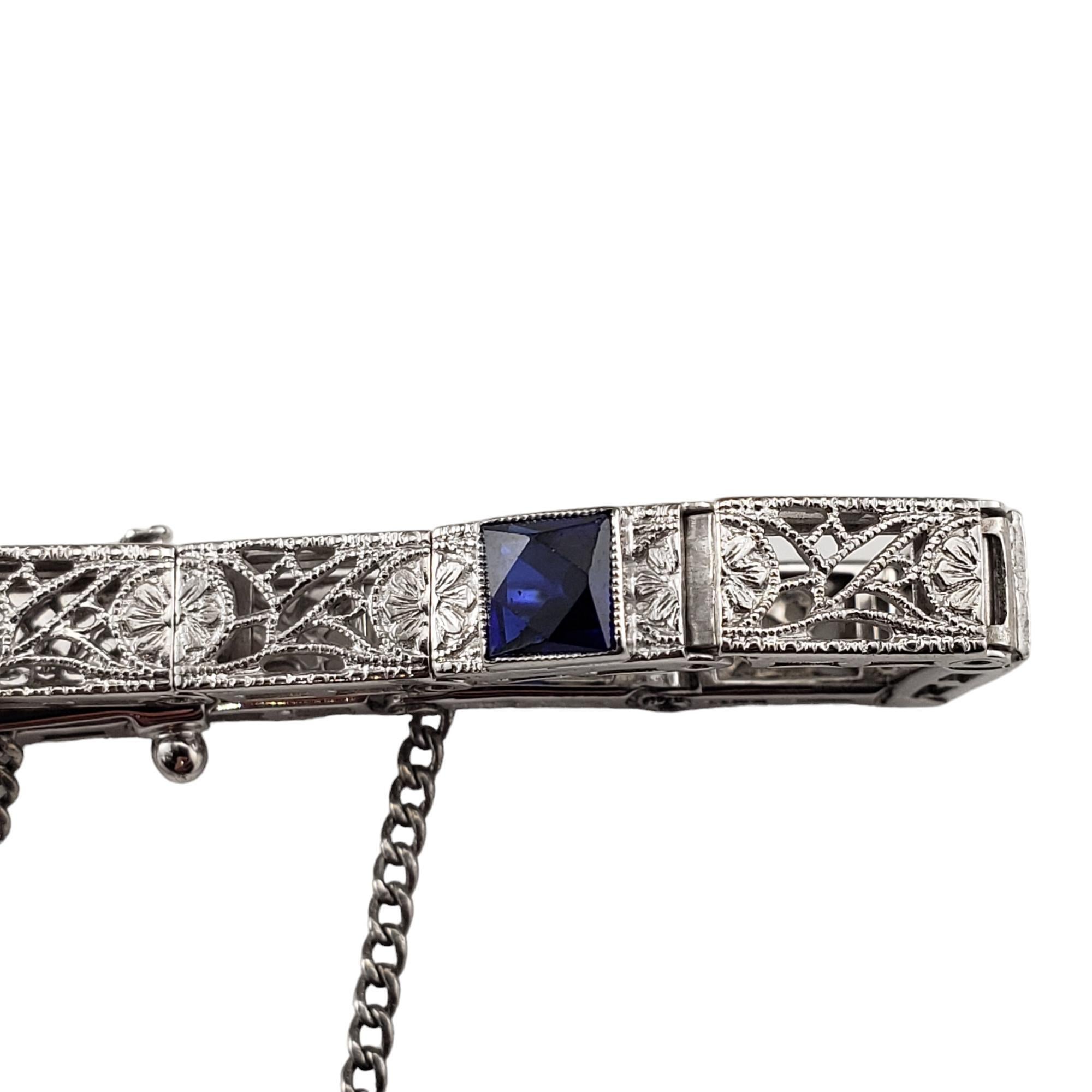 10K White Gold Platinum Filigree Synthetic Sapphire and Diamond Bracelet #19092 In Good Condition In Washington Depot, CT