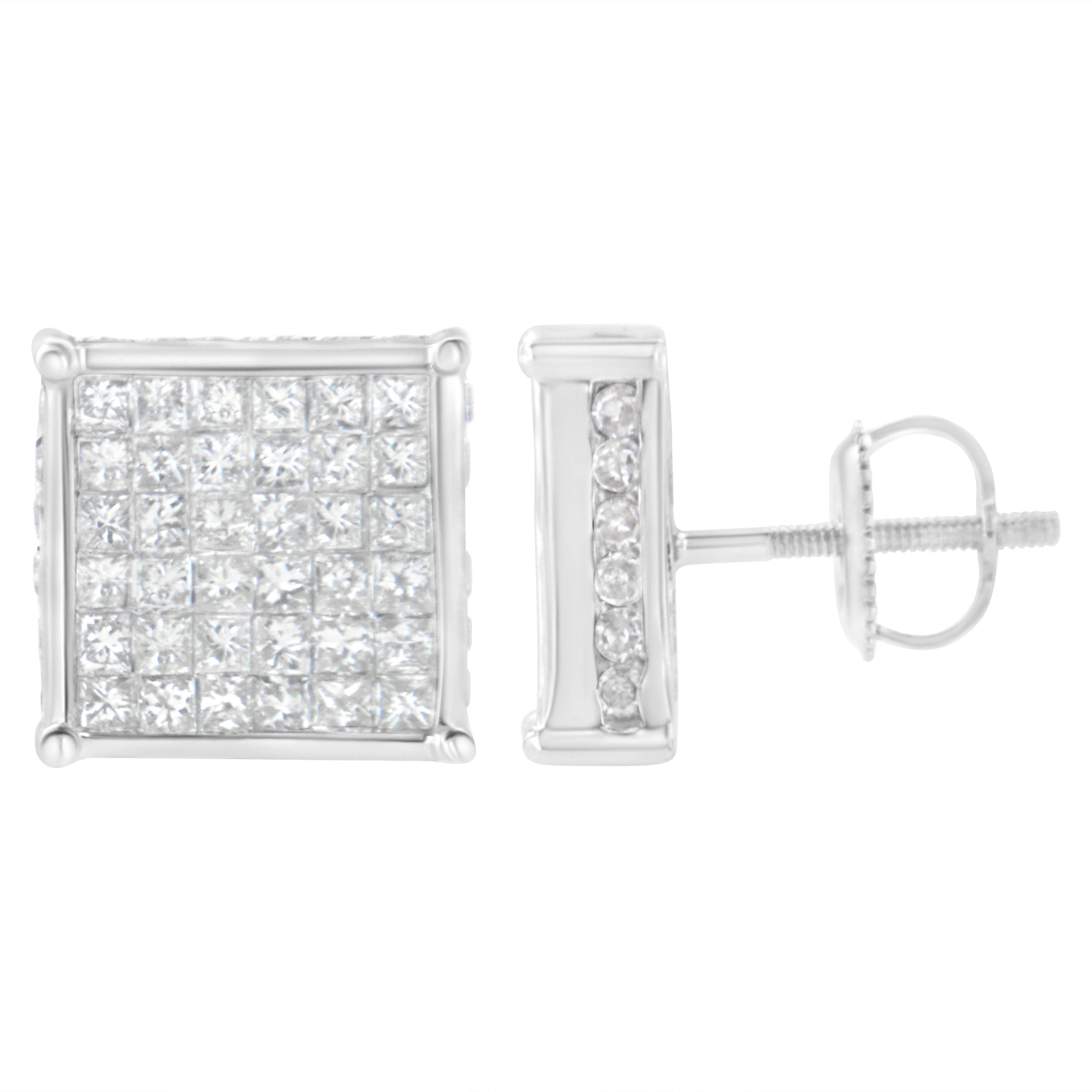 Timeless and tasteful, these fancy-shape diamond stud earrings complement one's classic sense of style. Crafted in cool 10K white gold, each square composite earring shimmers with a six-by-six grid of sparkling princess-cut diamonds. These earrings