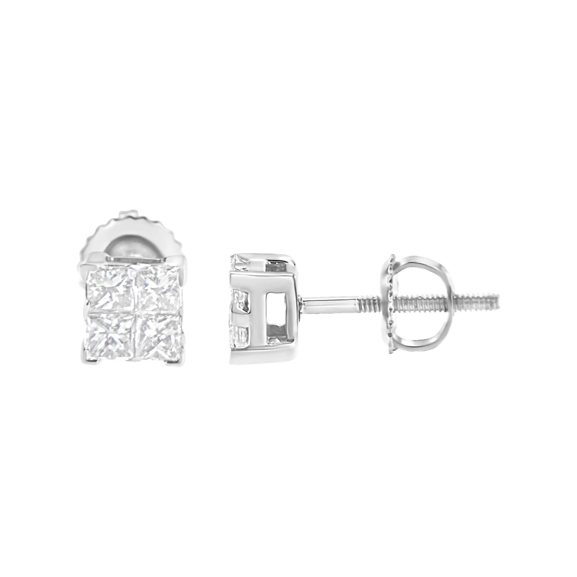 A pair of composite designed quad stud earrings with a cluster of four princess cut diamonds on each stud. These diamonds are invisibly set, creating a larger diamond look. Crafted in 10 karat white gold, they have a total diamond weight of 1/2