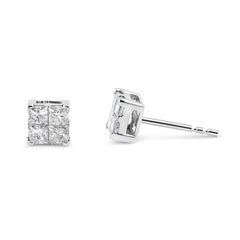 10K White Gold Princess-Cut Diamond Composite Square Shape Stud Earrings
