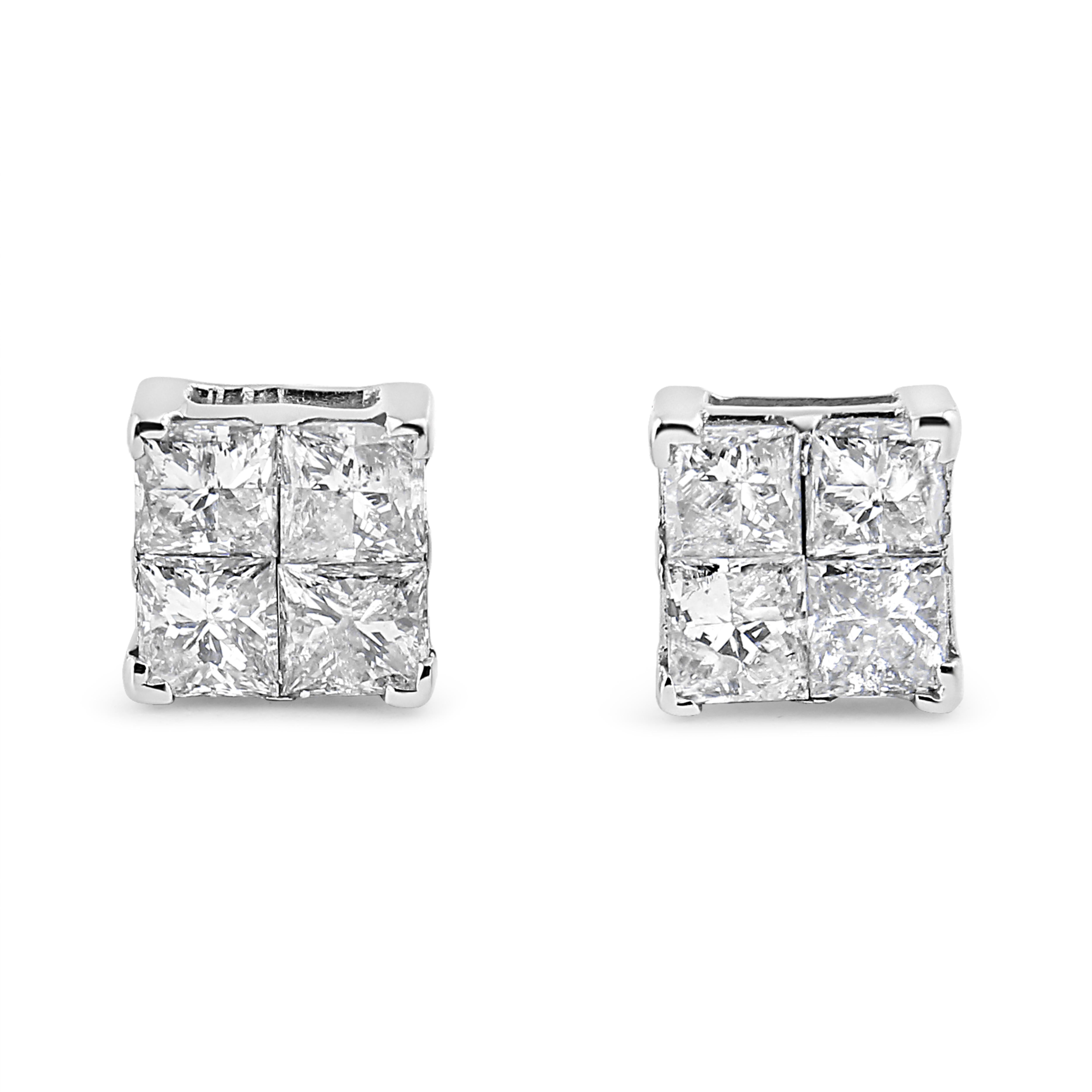 Moderne Boucles d'oreilles en or blanc 10K à diamant princesse de forme carrée composite en vente