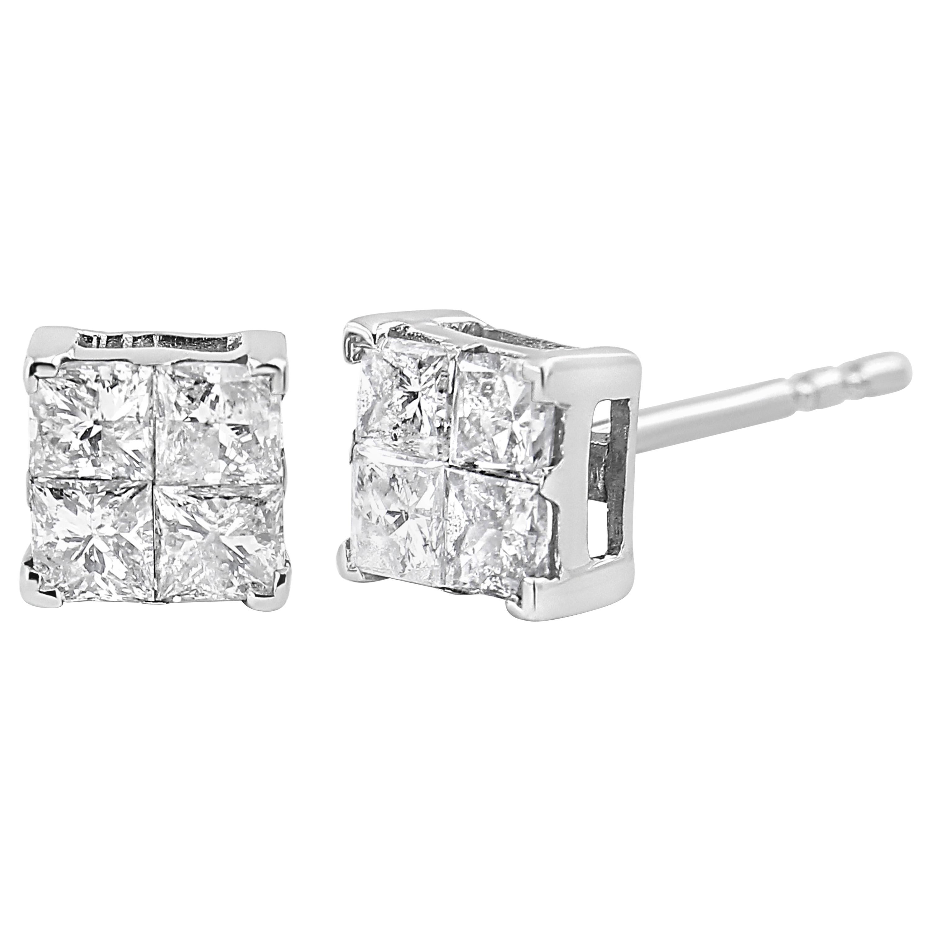 10K White Gold Princess-Cut Diamond Composite Square Shape Stud Earrings