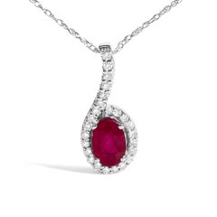 10K White Gold Red Ruby and Diamond Accent Teardrop Pendant Necklace
