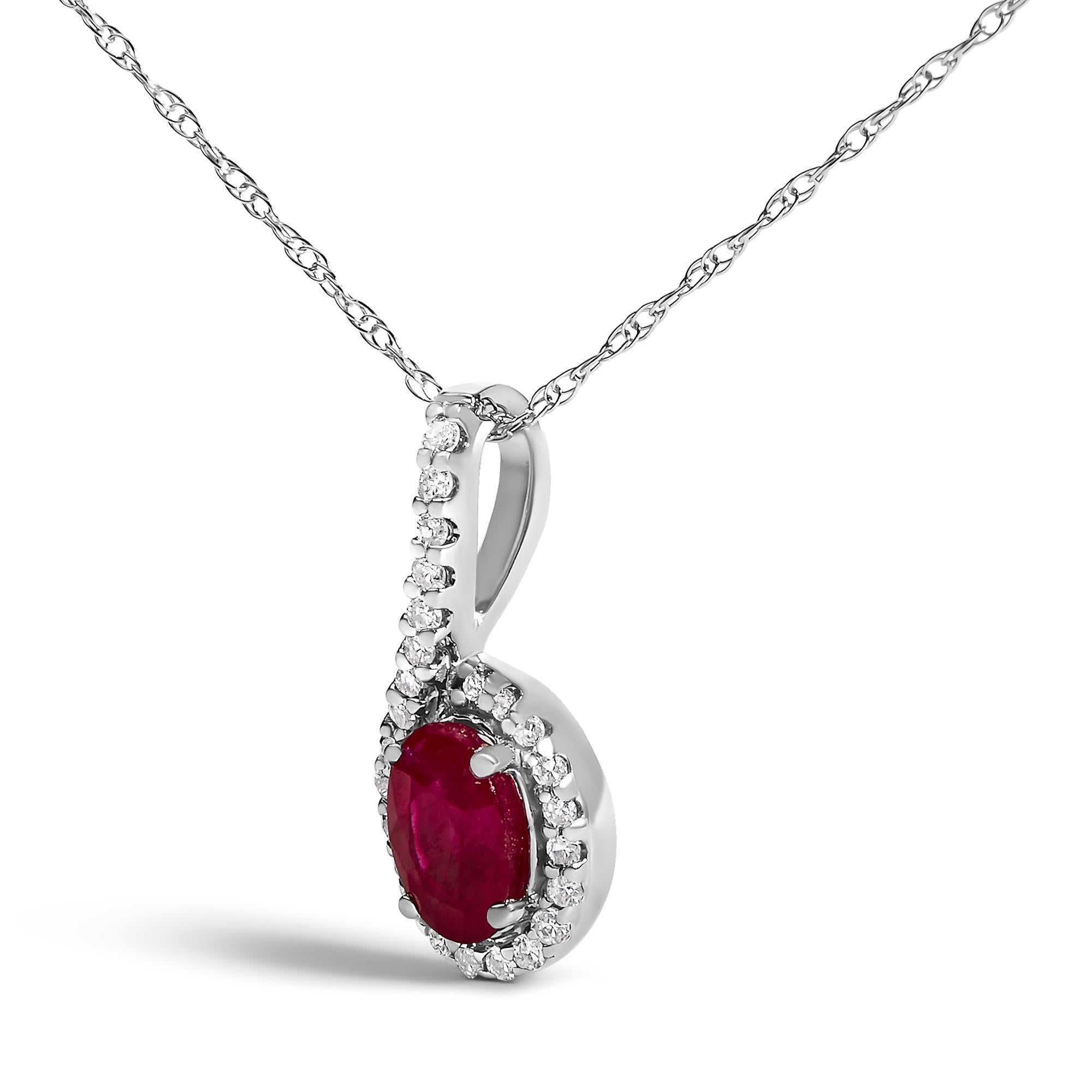 Modern 10K White Gold Red Ruby and Diamond Accent Teardrop Pendant Necklace For Sale