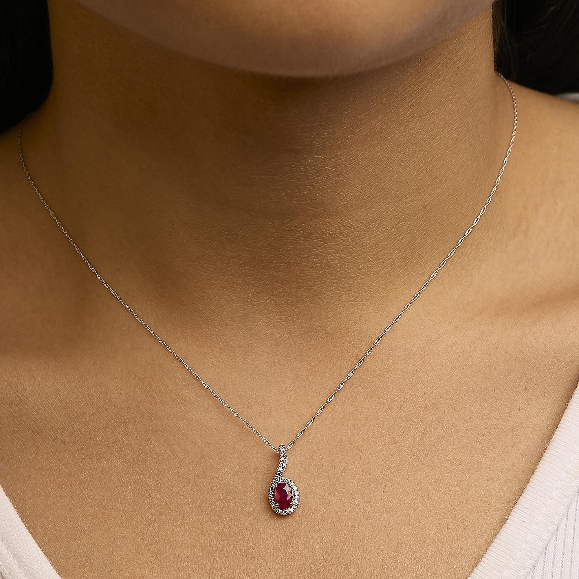 Oval Cut 10K White Gold Red Ruby and Diamond Accent Teardrop Pendant Necklace For Sale