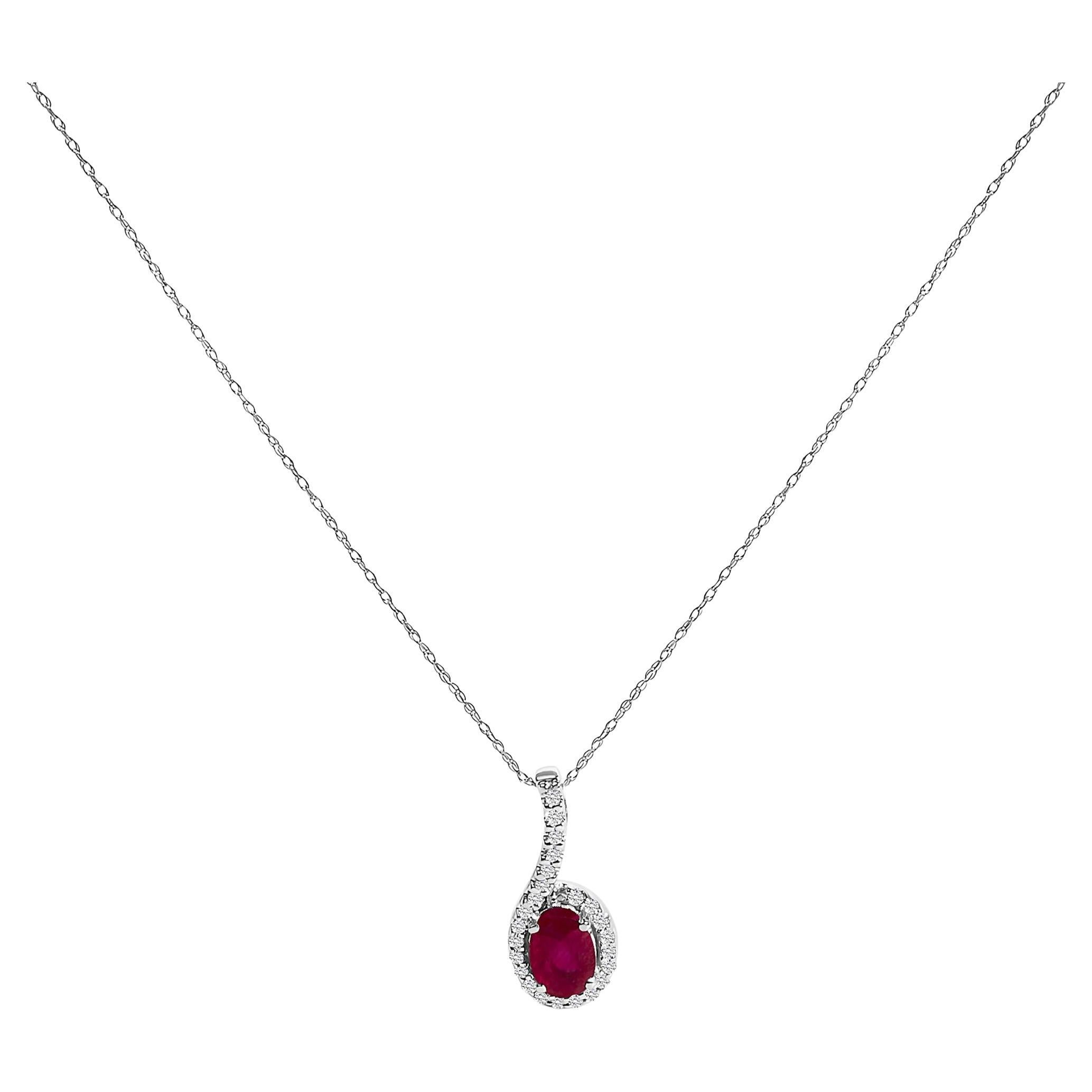 10K White Gold Red Ruby and Diamond Accent Teardrop Pendant Necklace For Sale