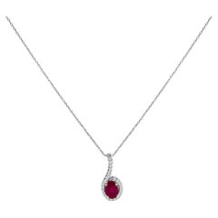 10K White Gold Red Ruby and Diamond Accent Teardrop Pendant Necklace