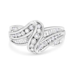 10K White Gold Ring 3/4 Carat Round and Baguette-Cut Diamond Bypass Ring