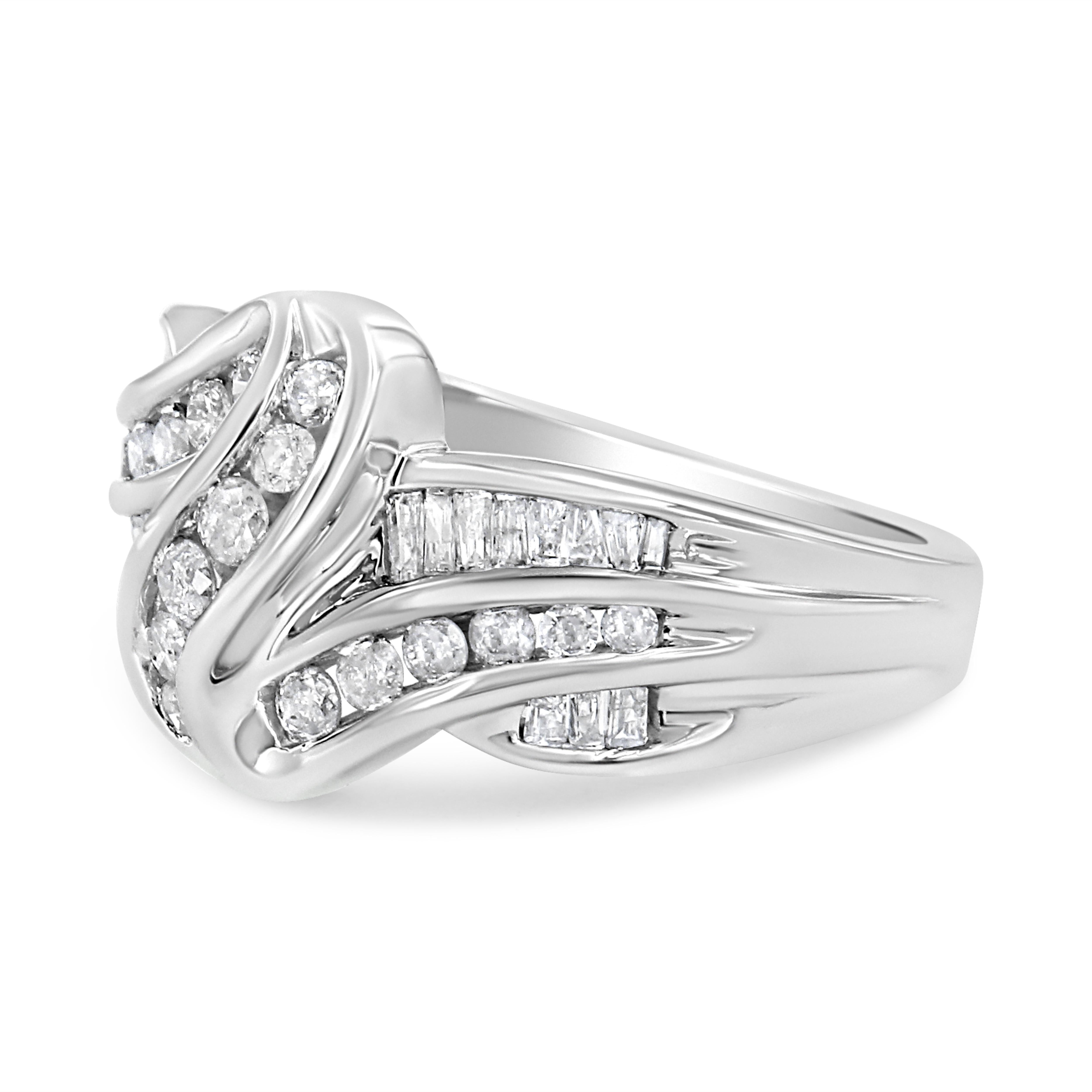 Modern 10K White Gold Ring 3/4 Carat Round and Baguette-Cut Diamond Bypass Ring For Sale
