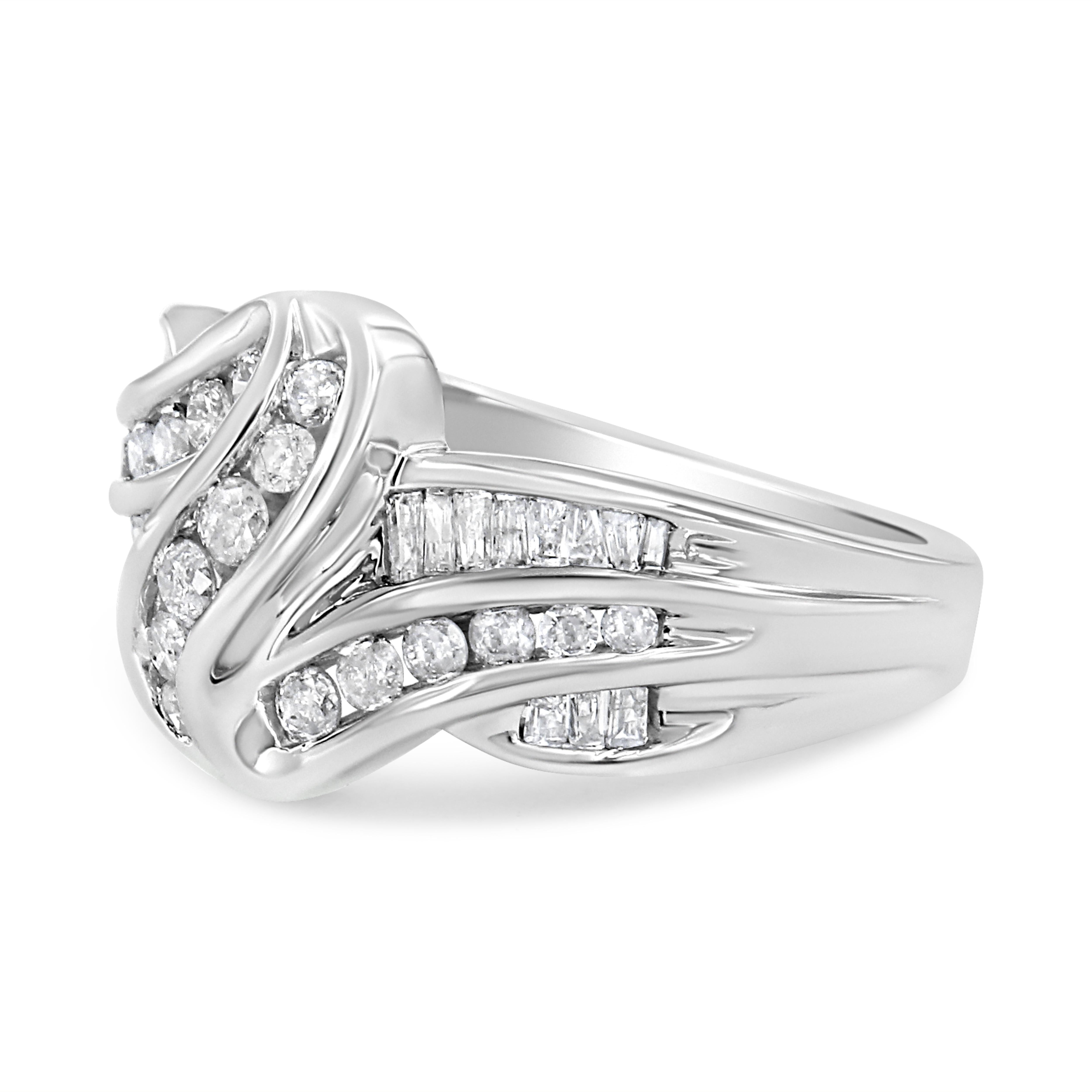 For Sale:  10K White Gold Ring 3/4 Carat Round and Baguette-Cut Diamond Bypass Ring 3