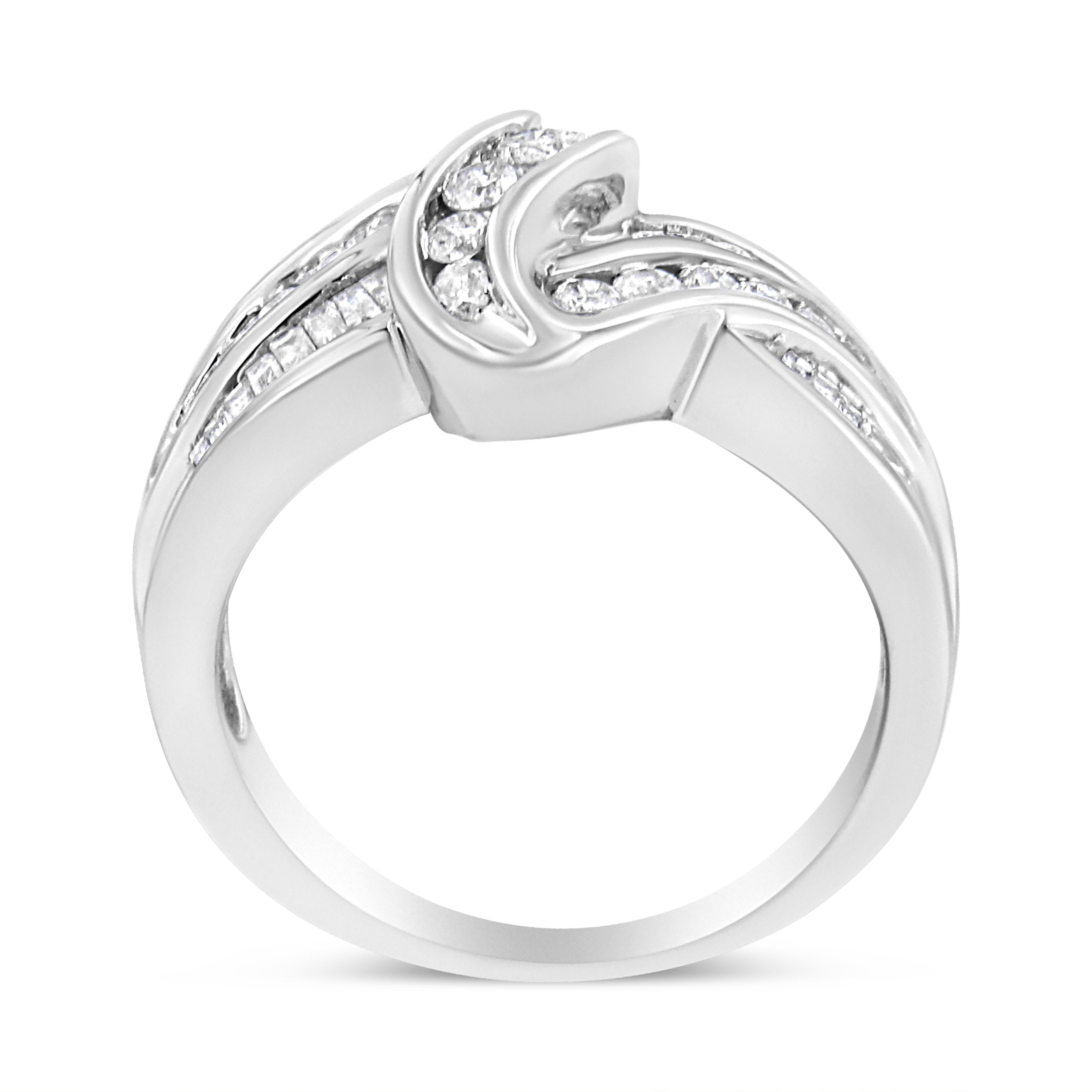 Round Cut 10K White Gold Ring 3/4 Carat Round and Baguette-Cut Diamond Bypass Ring For Sale