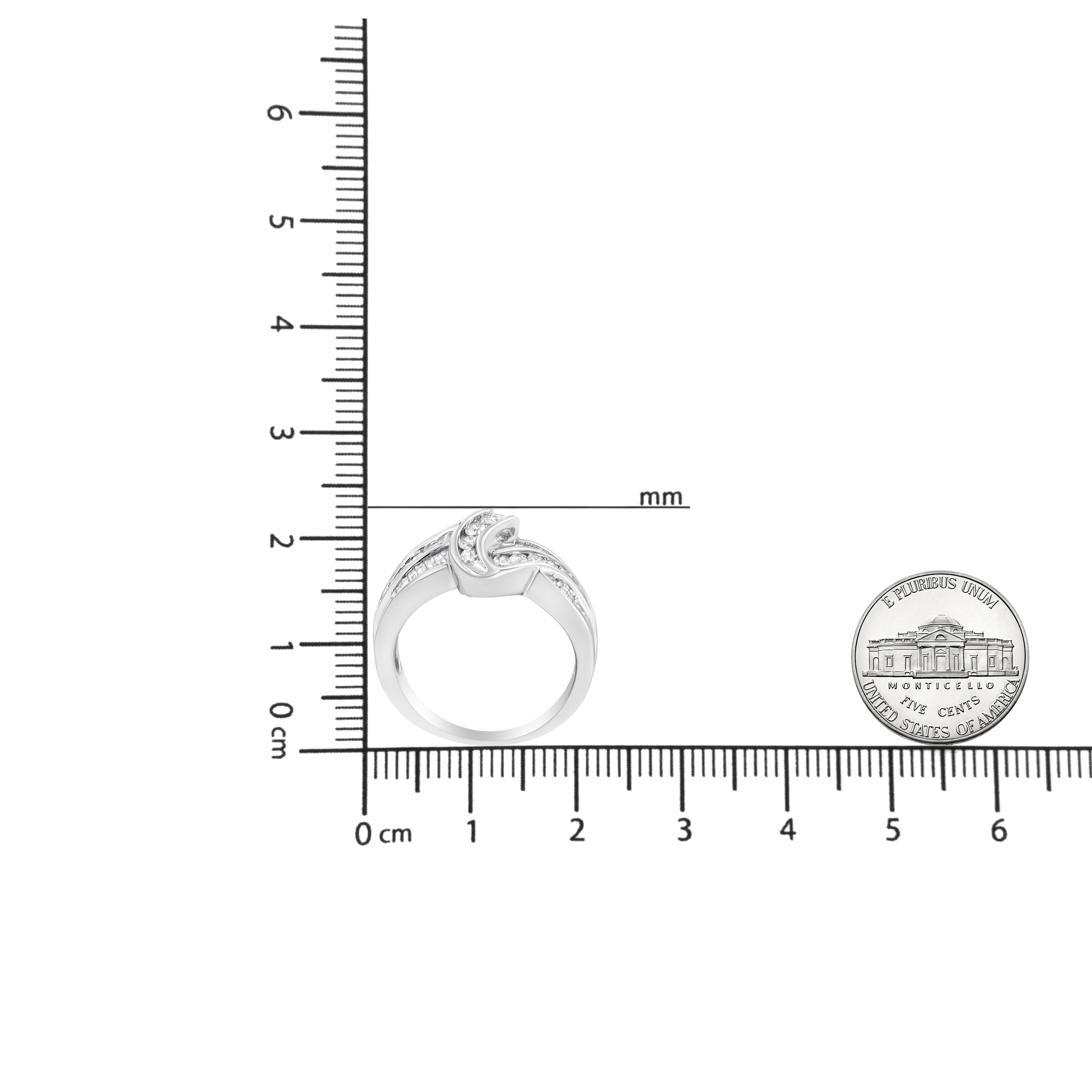 Women's 10K White Gold Ring 3/4 Carat Round and Baguette-Cut Diamond Bypass Ring For Sale