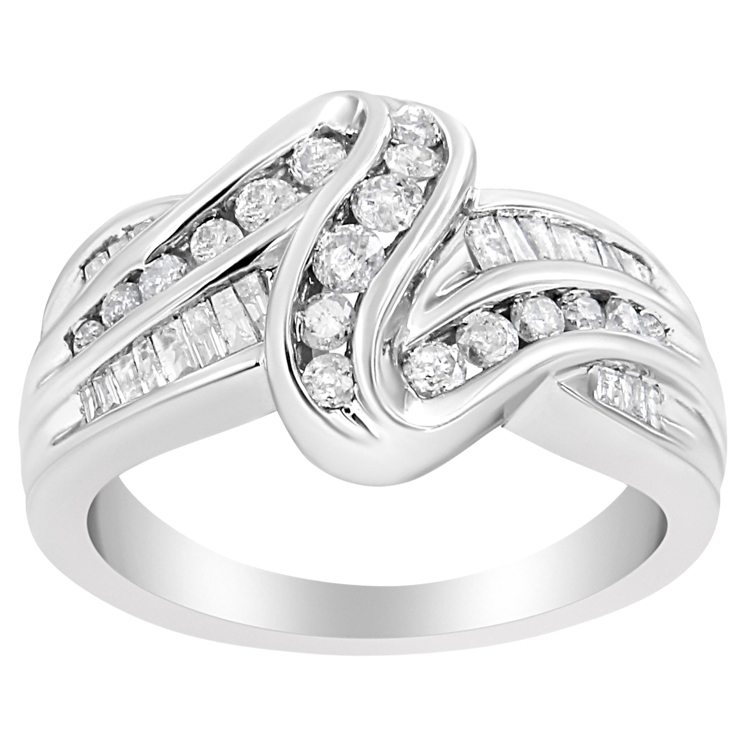 10K White Gold Ring 3/4 Carat Round and Baguette-Cut Diamond Bypass Ring
