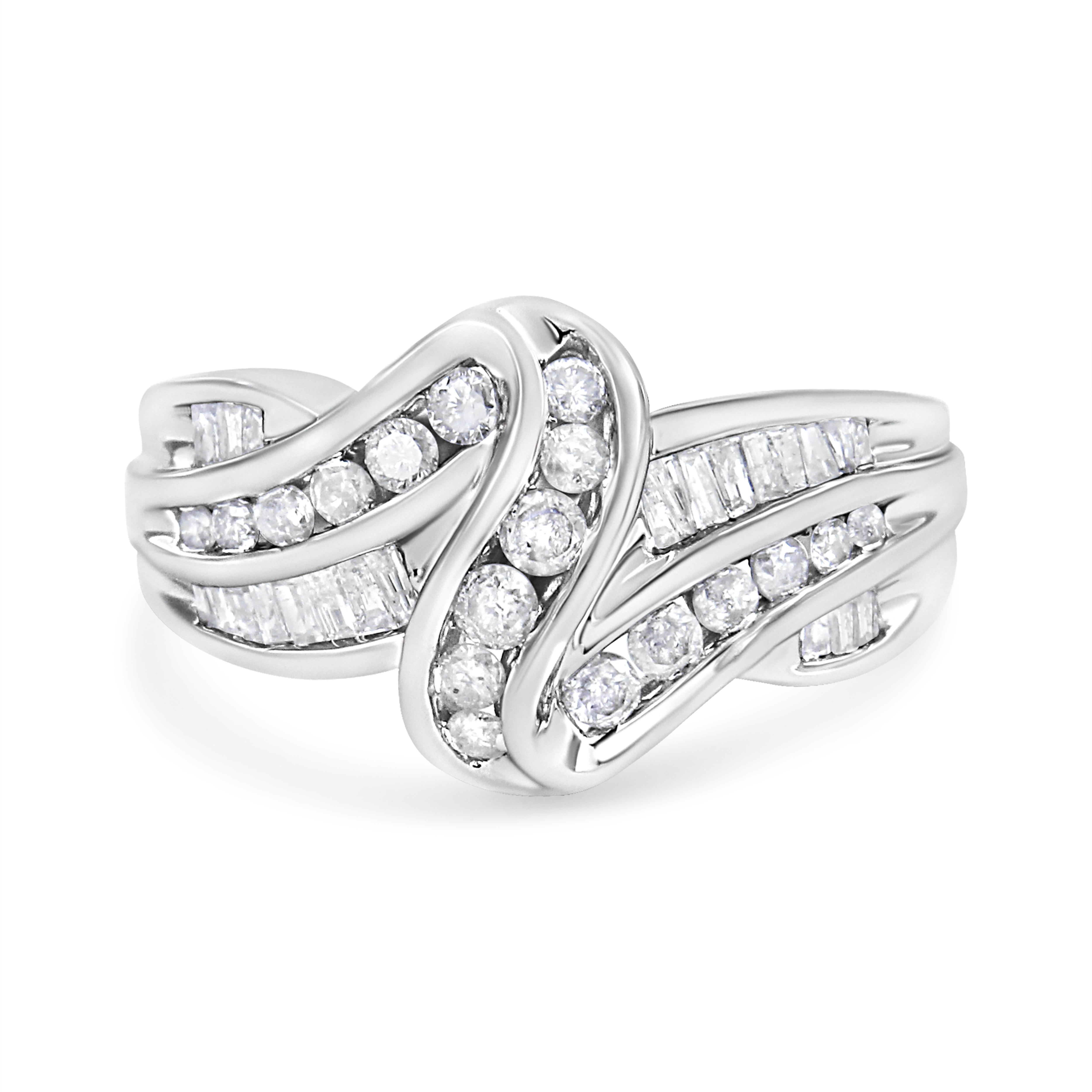 Natural diamonds and gleaming gold interlock each other to create this eye-catching bypass ring design. Created in shining 10k white gold, this ring will sit so elegantly on your finger and sparkle with 3/4 carats of diamonds. An assortment of round