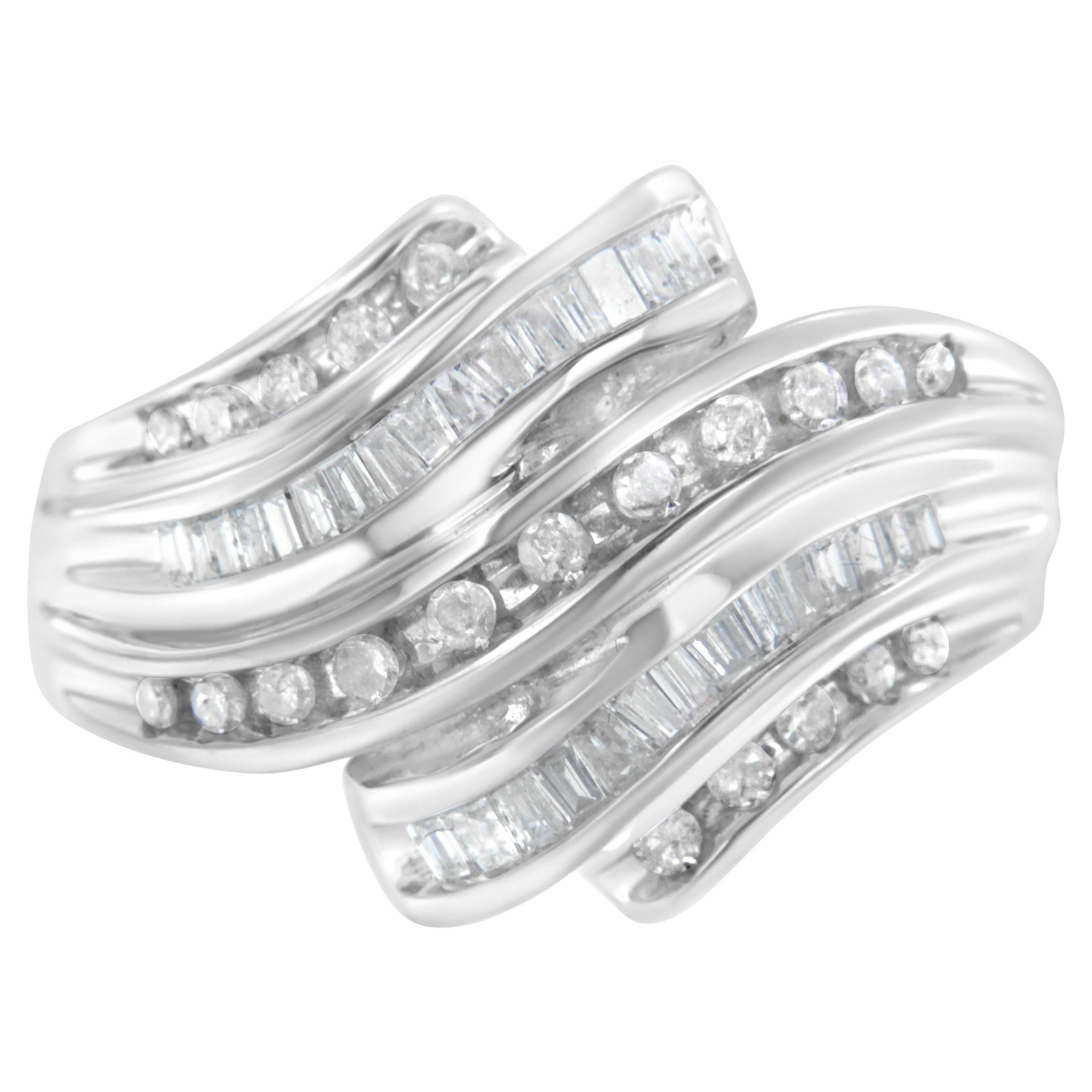 For Sale:  10K White Gold Round and Baguette Cut 3/4 Carat Diamond Channel Ring