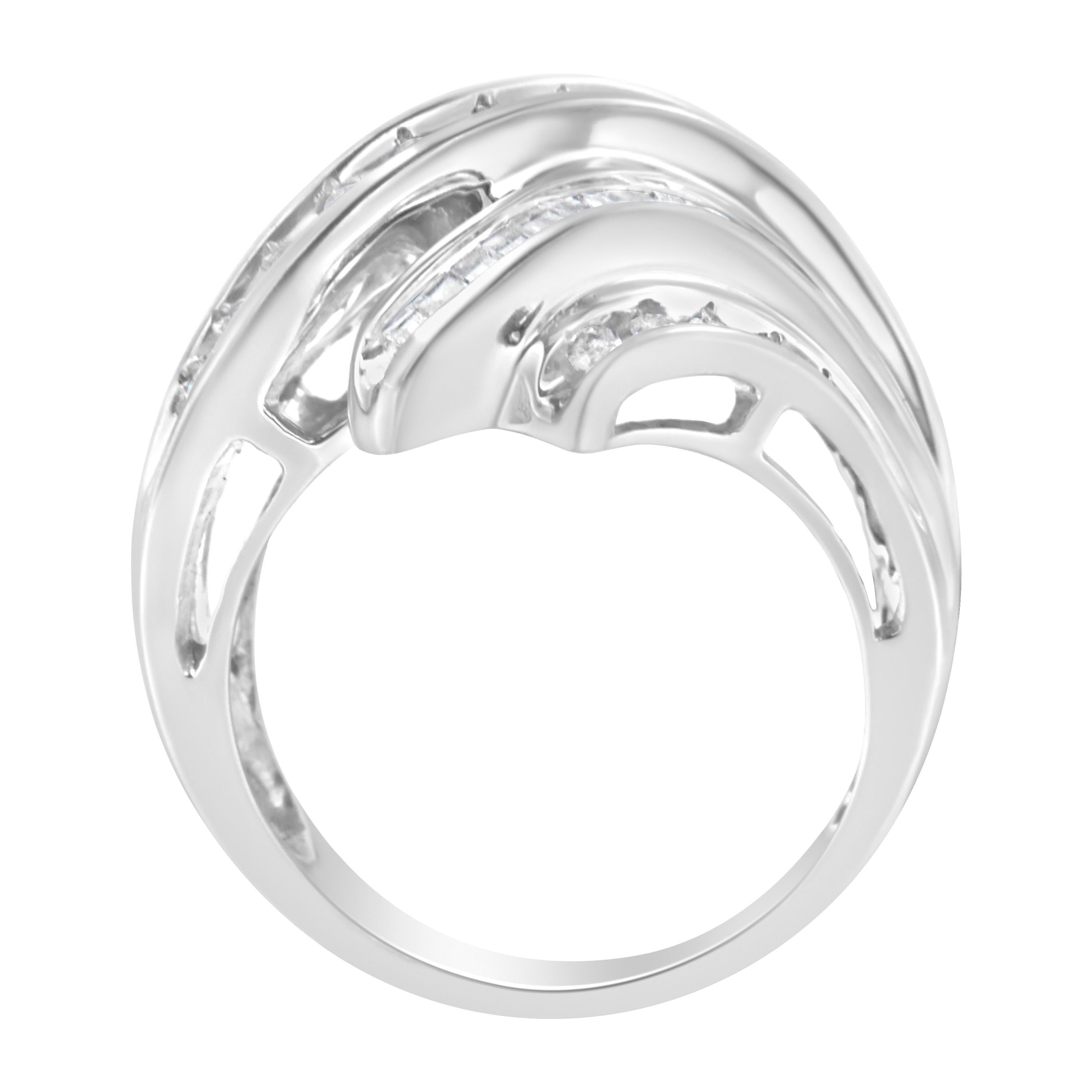 Modern 10K White Gold Round and Baguette Cut 3/4 Cttw Diamond Channel Ring For Sale
