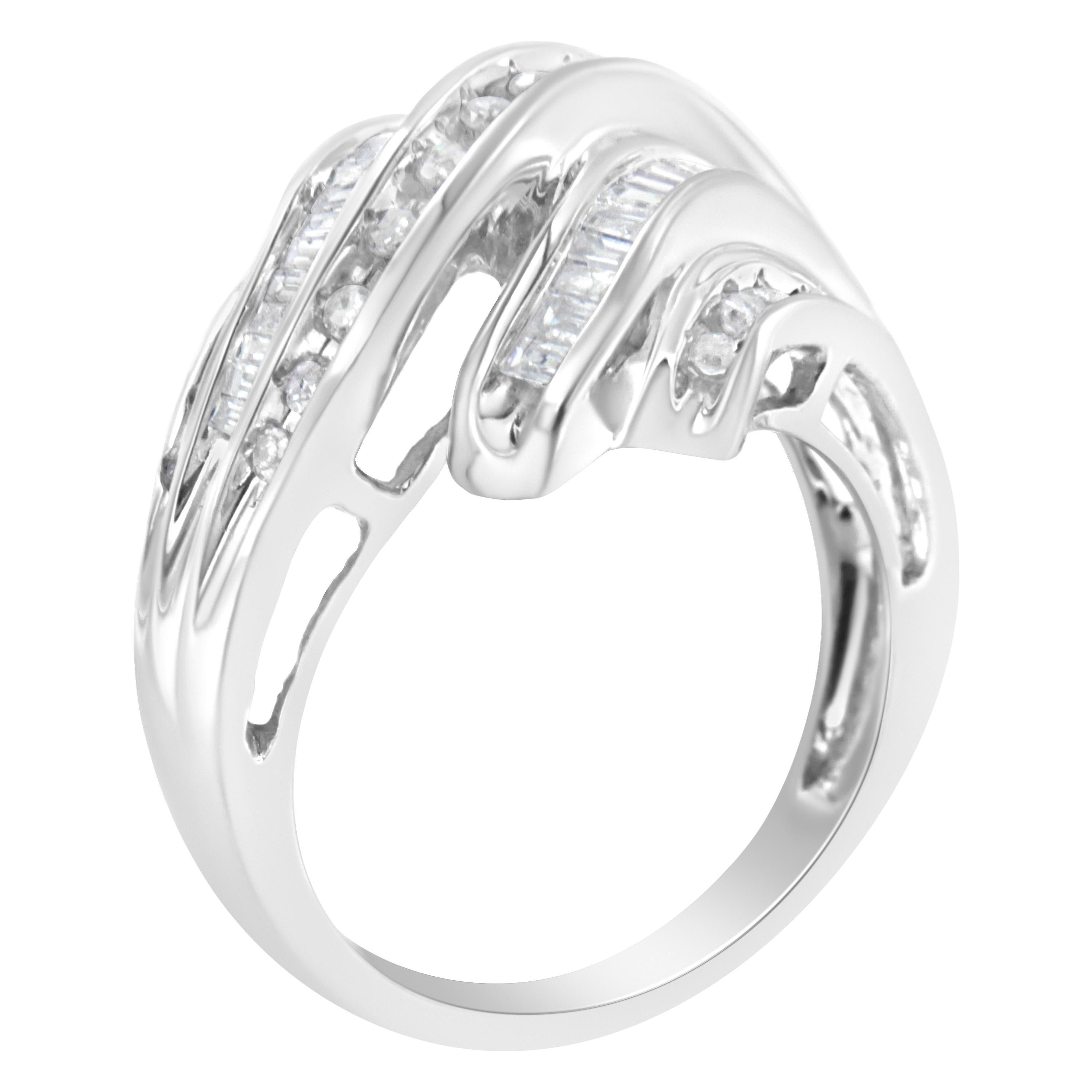 Round Cut 10K White Gold Round and Baguette Cut 3/4 Cttw Diamond Channel Ring For Sale