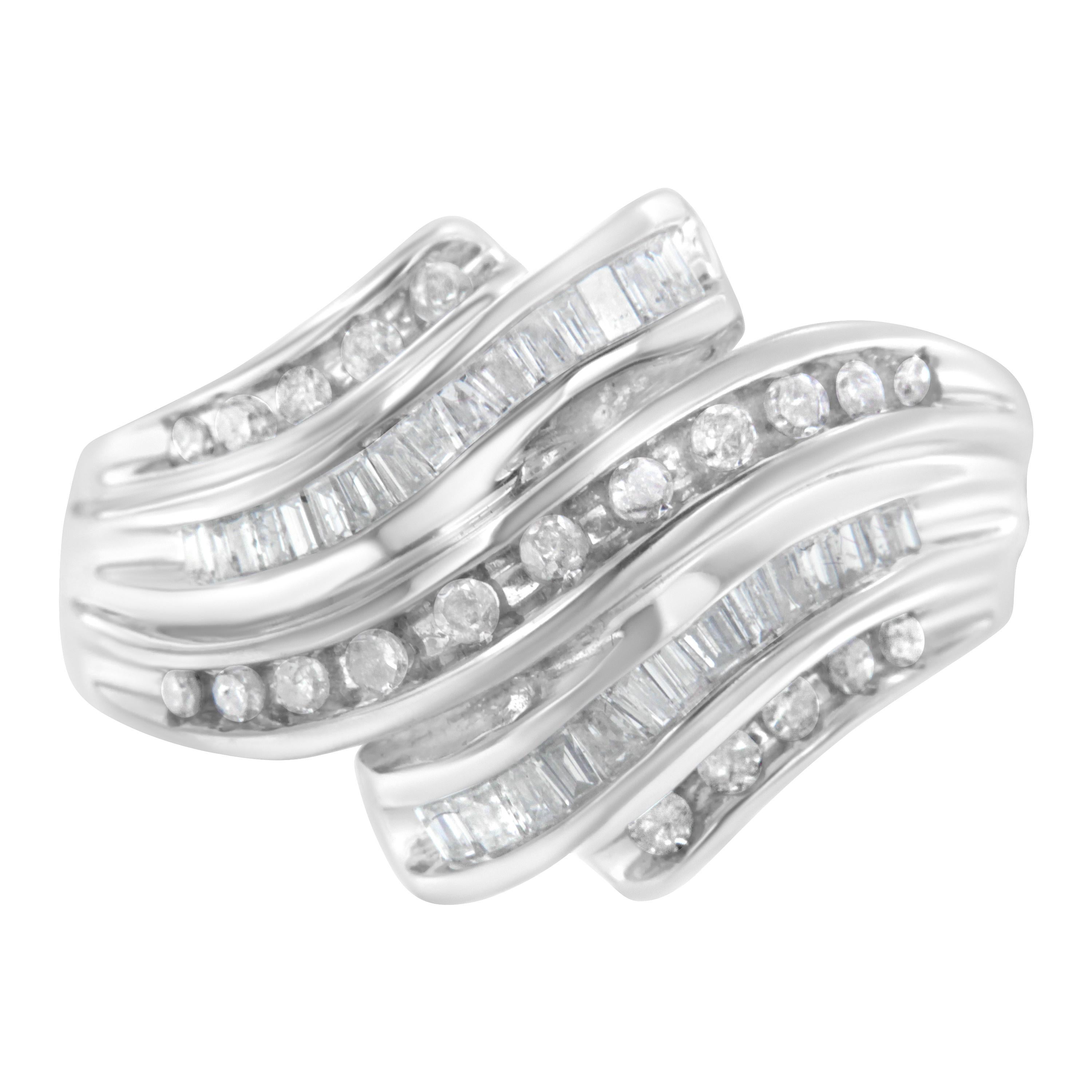 10K White Gold Round and Baguette Cut 3/4 Cttw Diamond Channel Ring