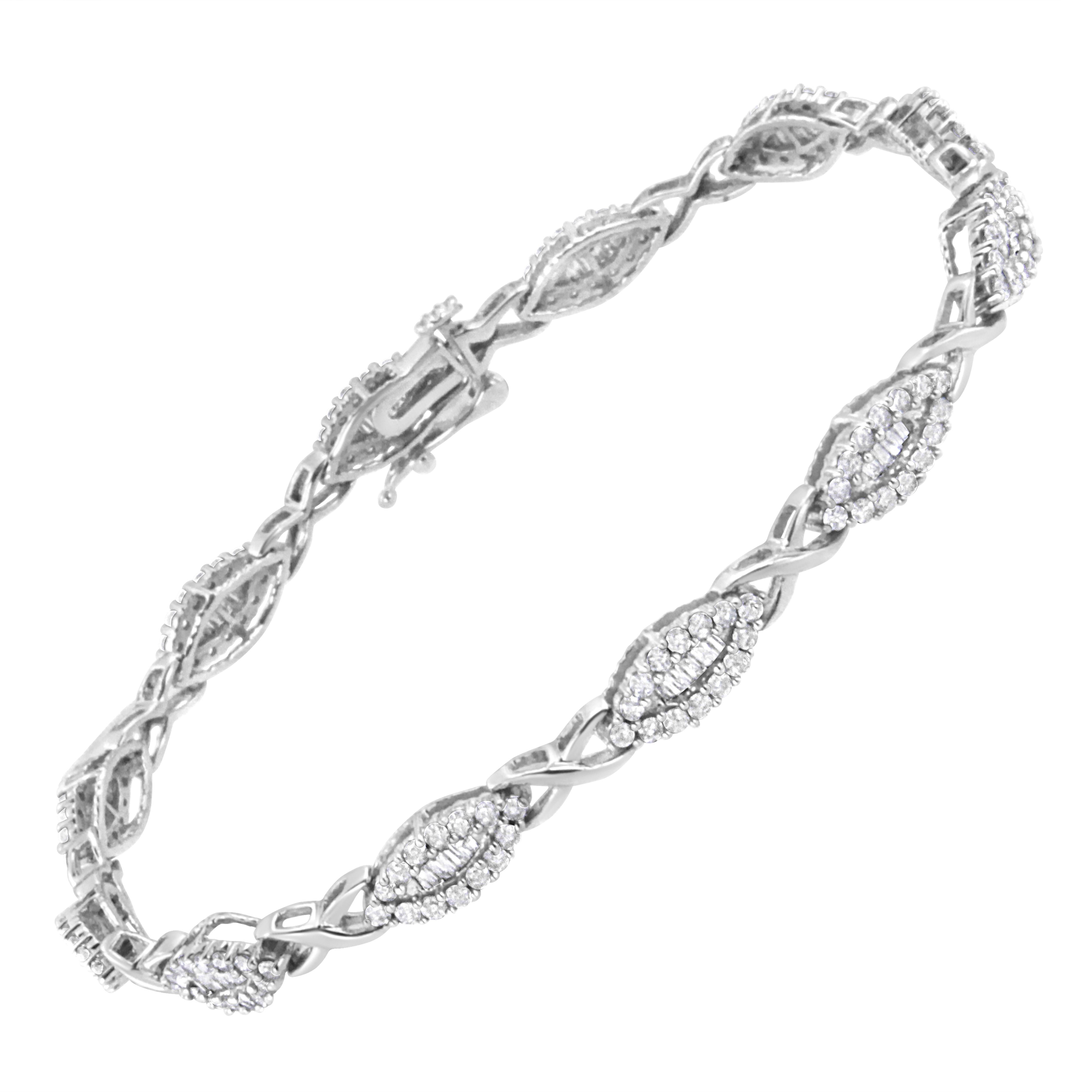 With a breathtaking design, this X-link tennis bracelet is brimming with 2ct of natural, sparkling diamonds. Warm 10k white gold X links alternate with the glimmering diamonds throughout the length of the bracelet finishing it of with a secure box