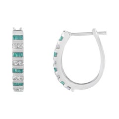 10k White Gold Round and Blue Baguette 1/2 Cttw Diamond Hoop Earrings