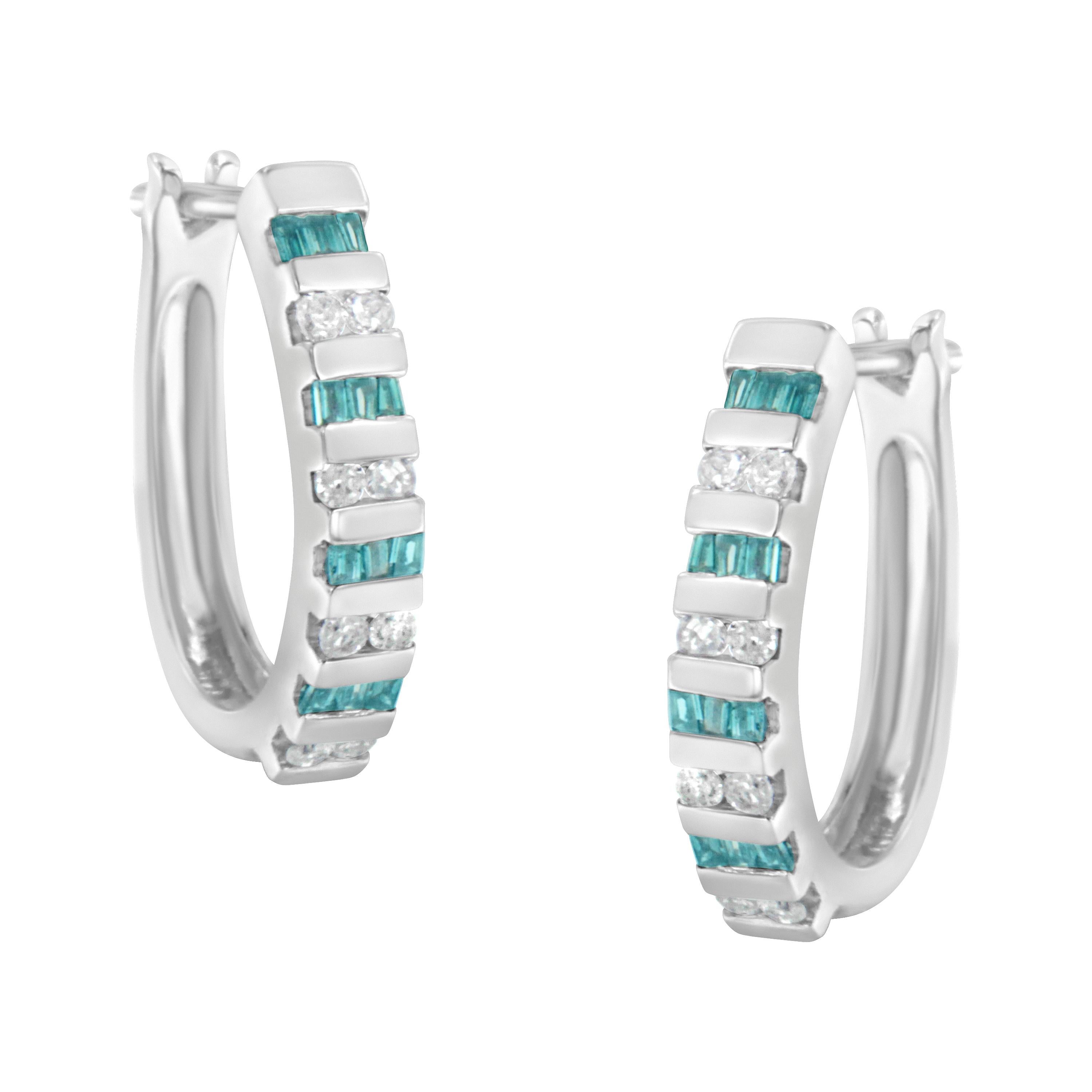 10k White Gold Round and Blue Baguette 1/2 Cttw Diamond Hoop Earrings