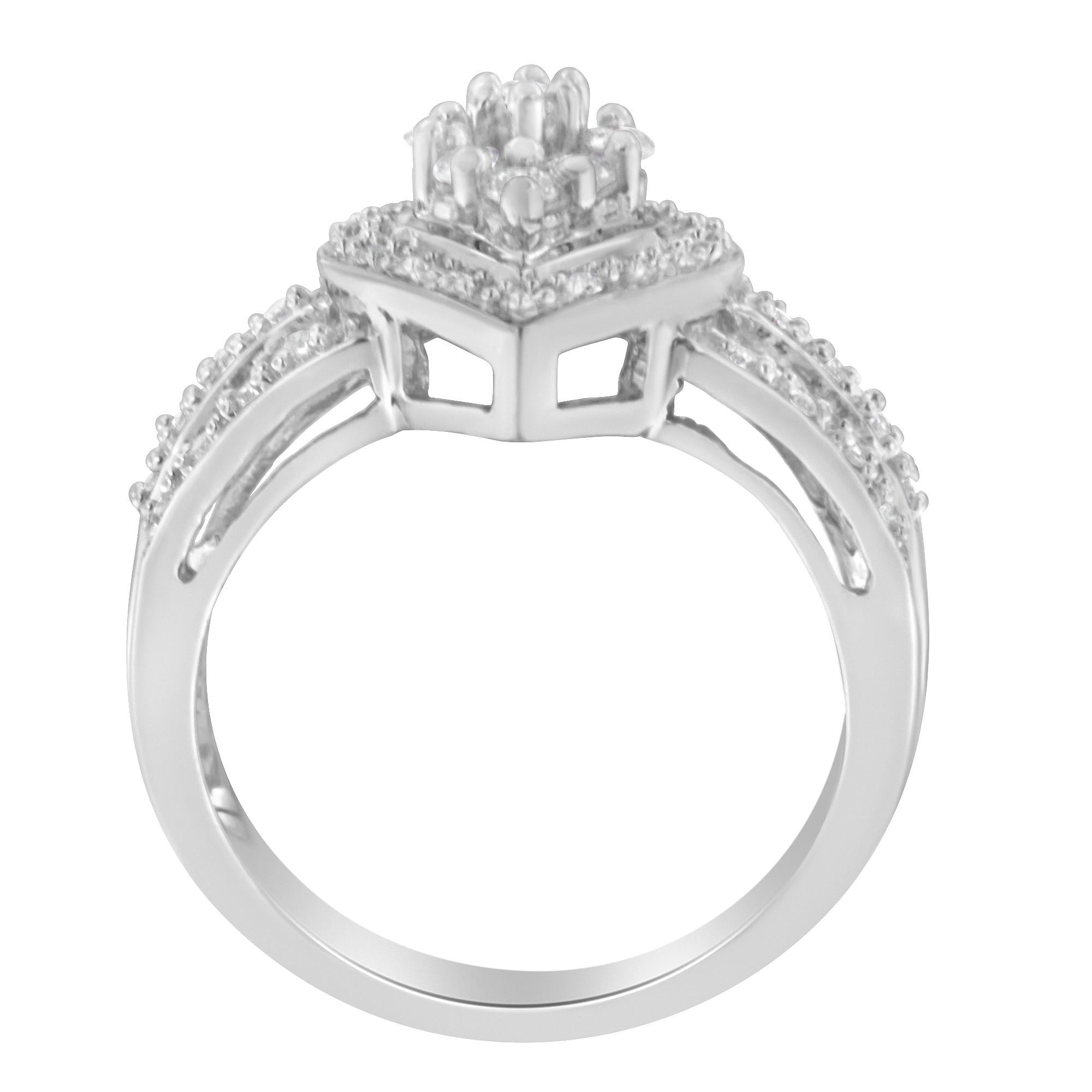 Certain to sweep her off feet, this beautiful diamond ring is fashioned in an emerald shape. It is made using ten karats white gold and finely polished for extreme grace. The ring is heavily encrusted with a composite of sparkling round cut diamonds