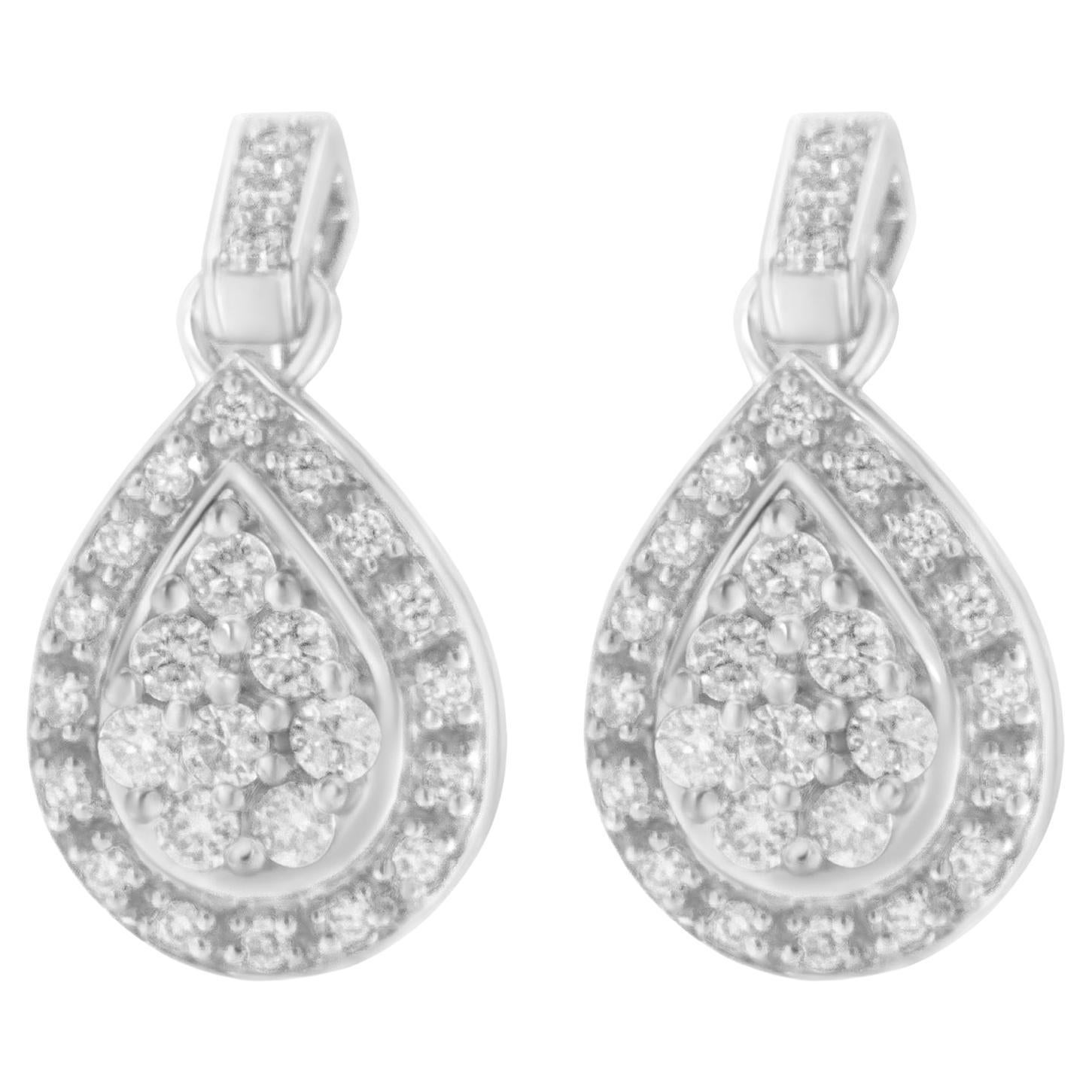 10K White Gold Round Cut 3/4 Carat Diamond Dangle Earrings For Sale