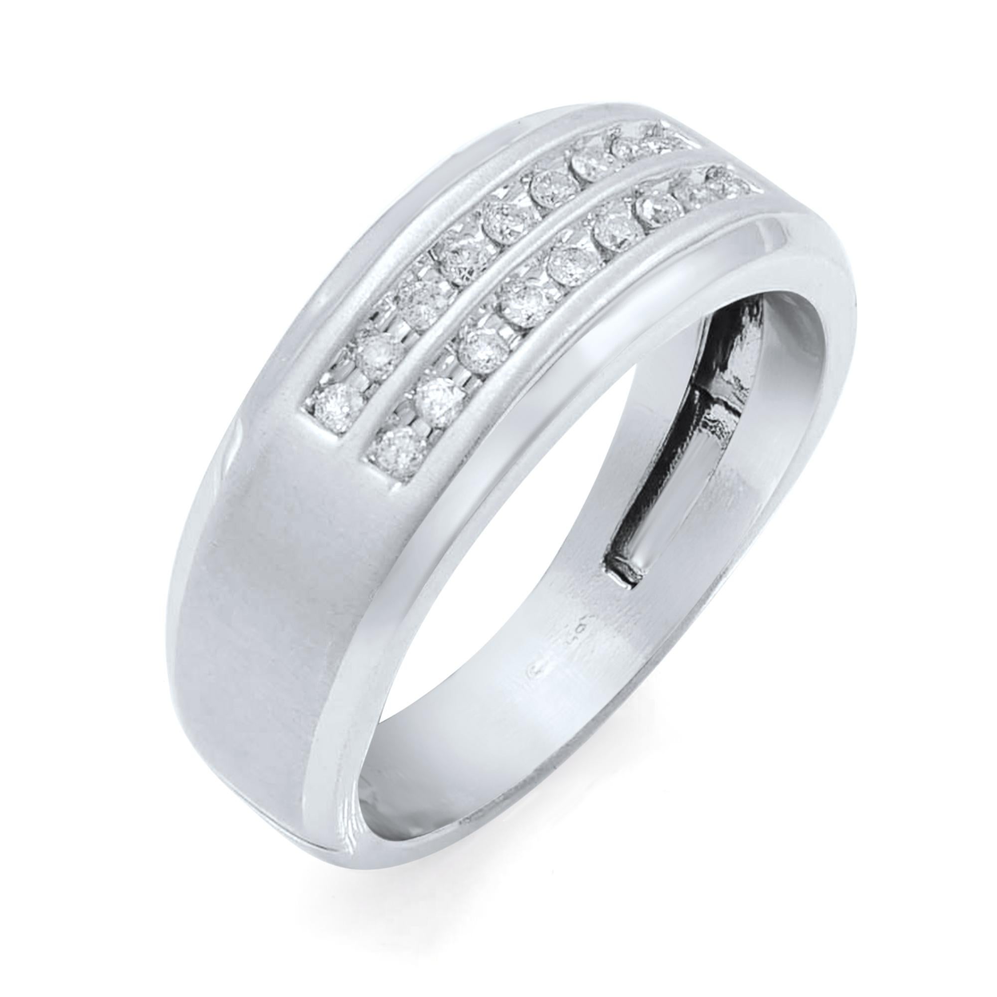 This is a 10K White Gold Mens Diamond Ring. The Total Carat Weight Of the Ring is 0.36 CT Diamond. The Diamonds are Channel Set and are of H-I Color and VS-SI clarity.
The Dimensions of the Ring is Mens: 10 (Can be Sized)
Top Ring Width:
