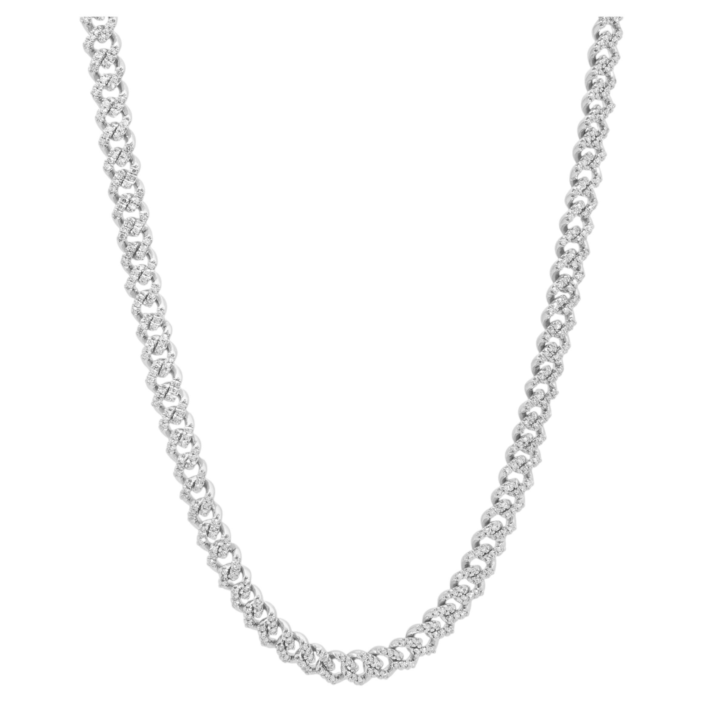 Collana con maglie cubane in oro bianco 10K con diamanti rotondi in vendita