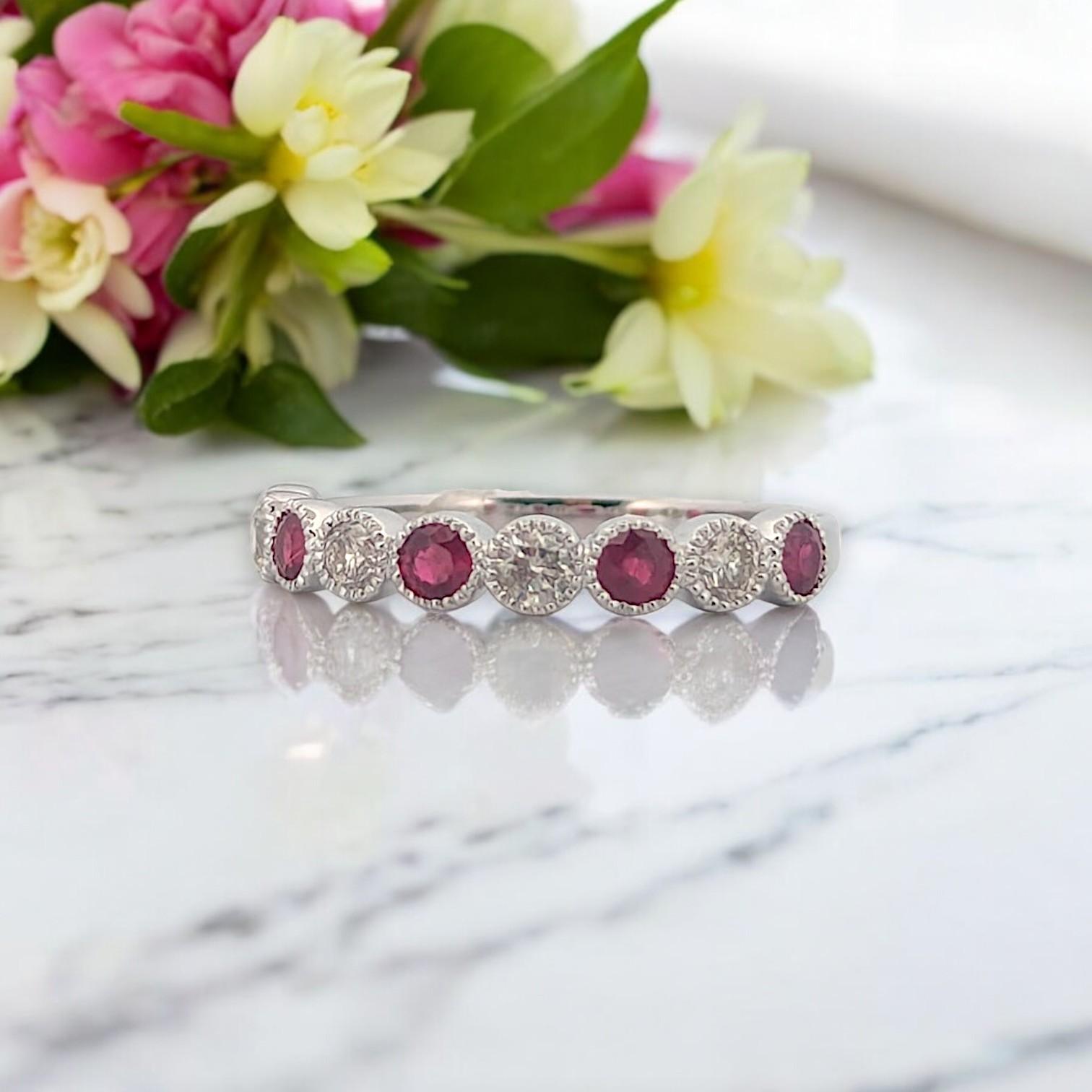 Sage  10K White Gold Ruby & Diamond Band, Vintage Style Milgrain Ring In New Condition In Greeneville, TN