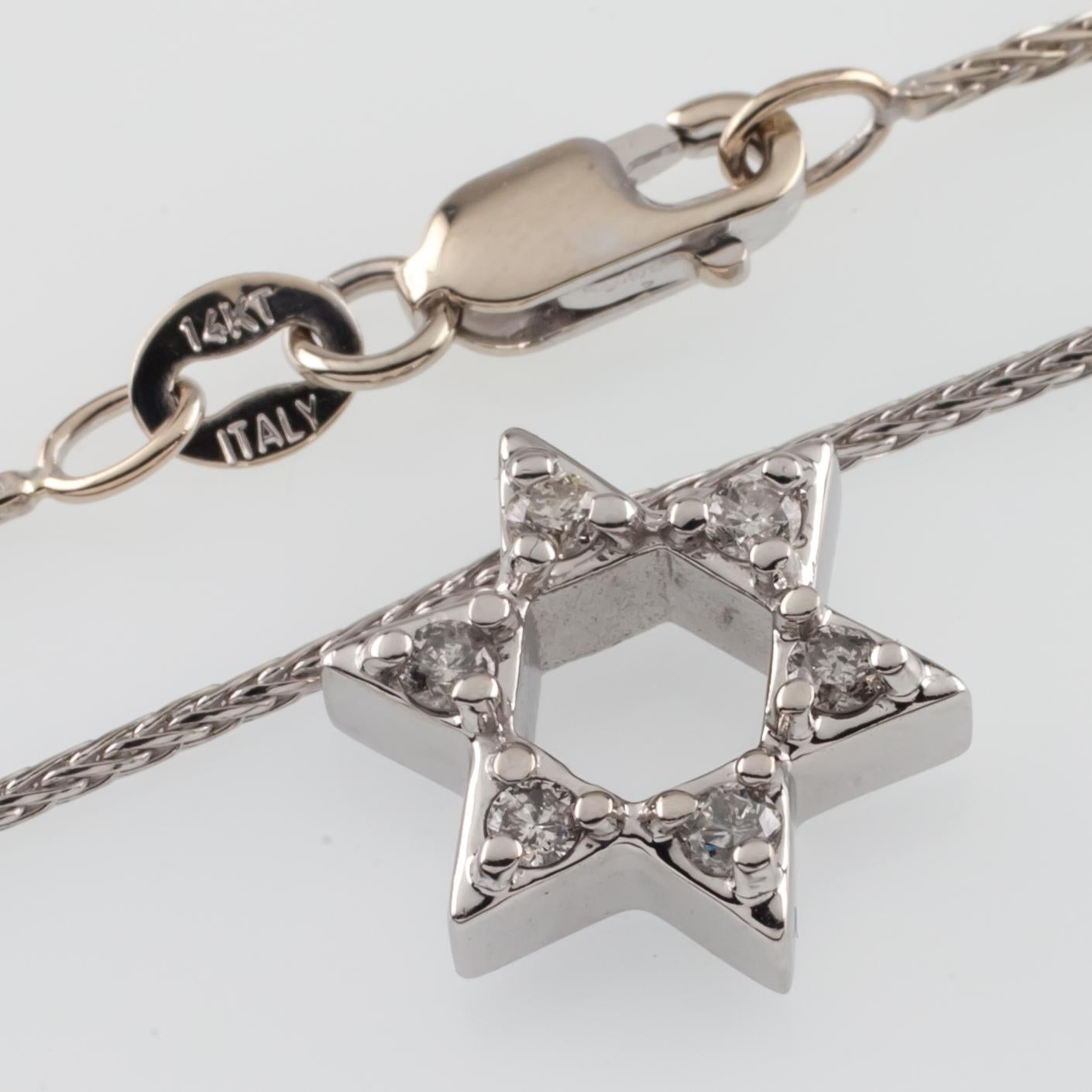 Round Cut 10k White Gold Star of David Pendant TDW, 0.15 ct with 14k Gold Chain For Sale