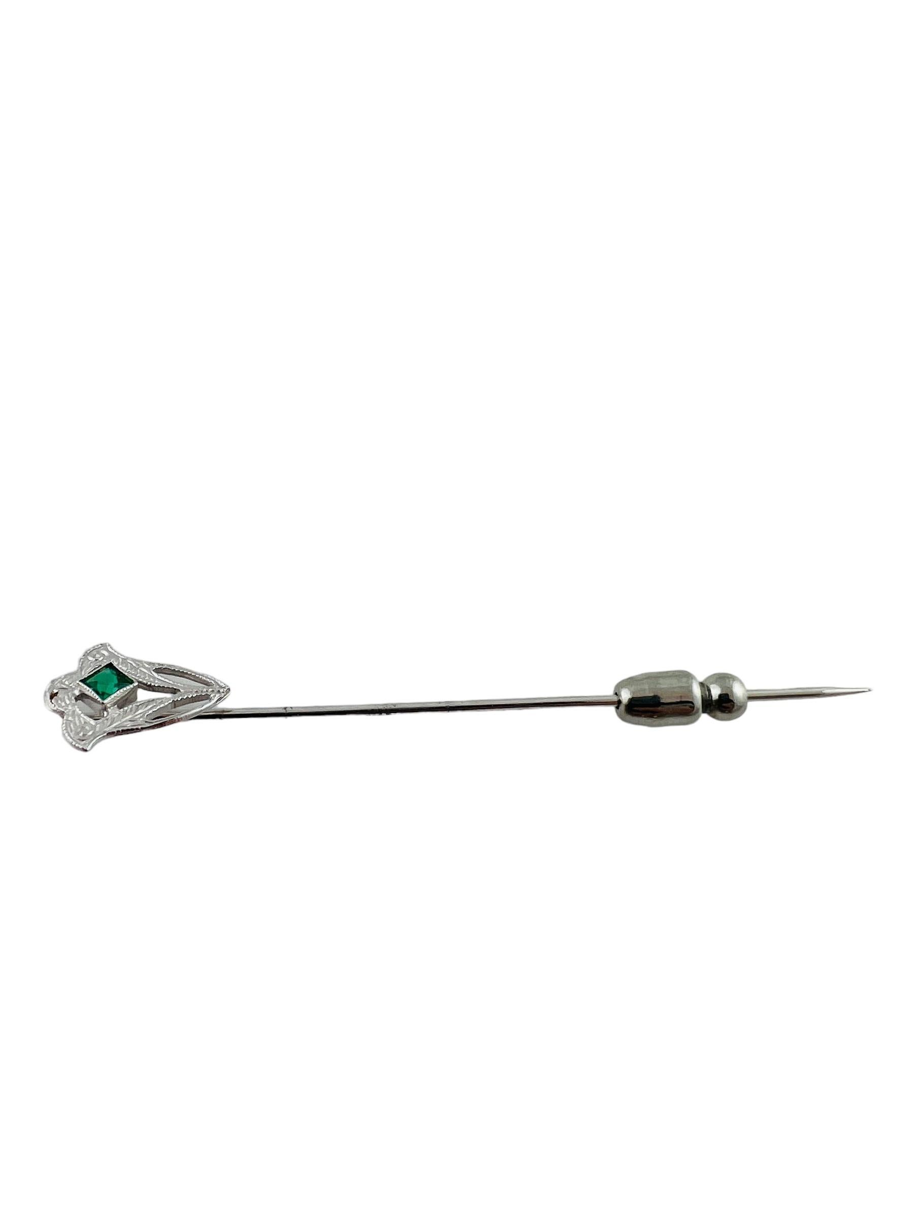 Women's 10K White Gold Stick Pin with Green Glass Stone #15688 For Sale