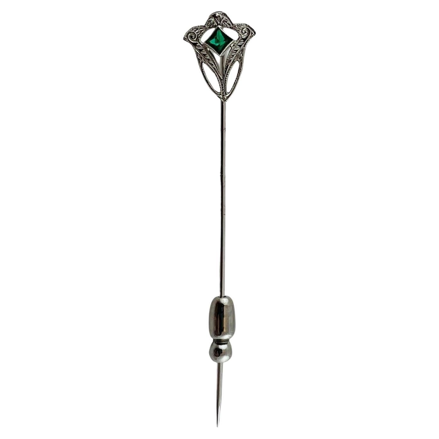 10K White Gold Stick Pin with Green Glass Stone #15688 For Sale