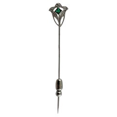 Vintage 10K White Gold Stick Pin with Green Glass Stone #15688