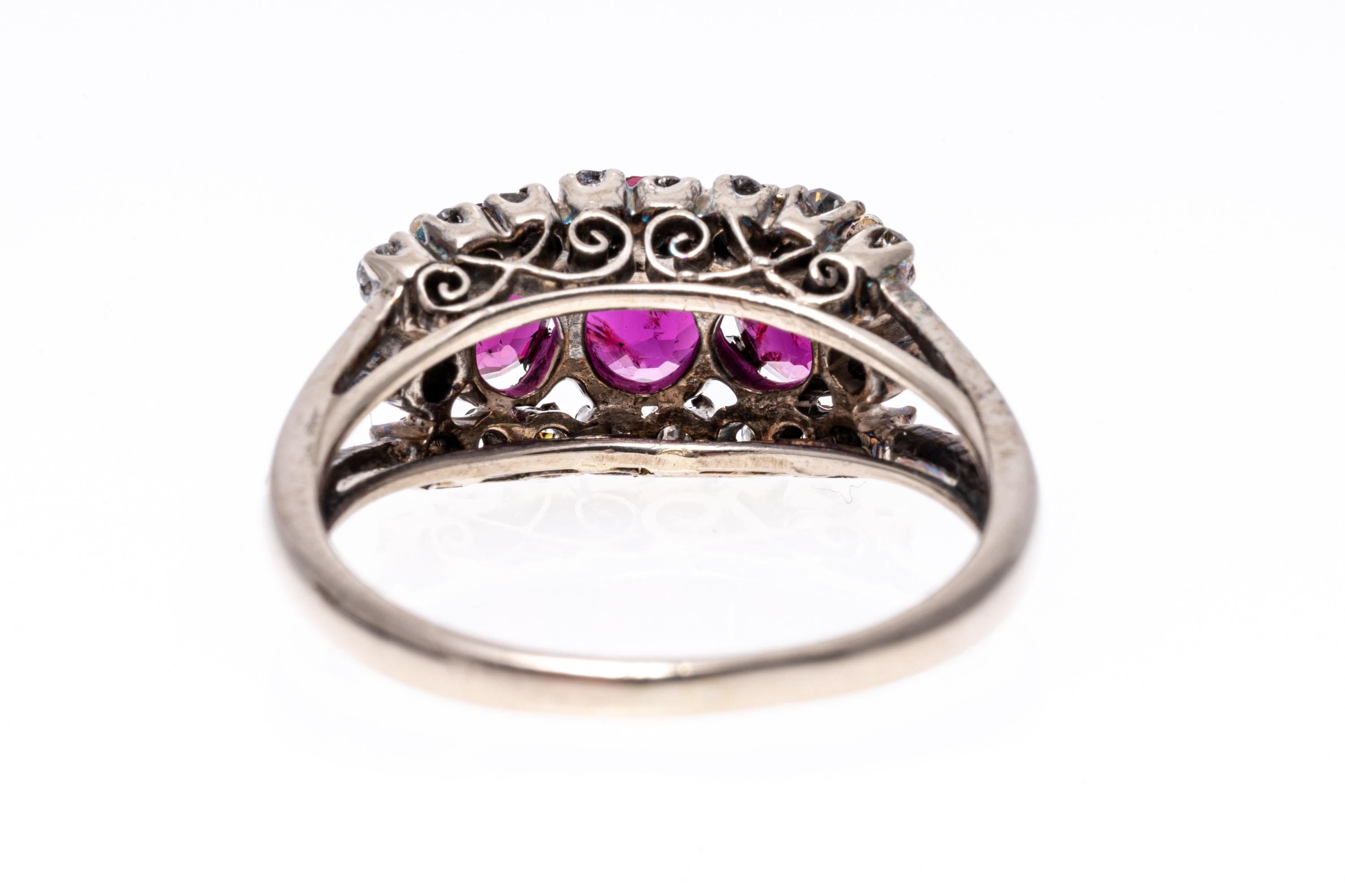 10k White Gold Three Stone Graduated Ruby and Diamond Halo Ring For Sale 2