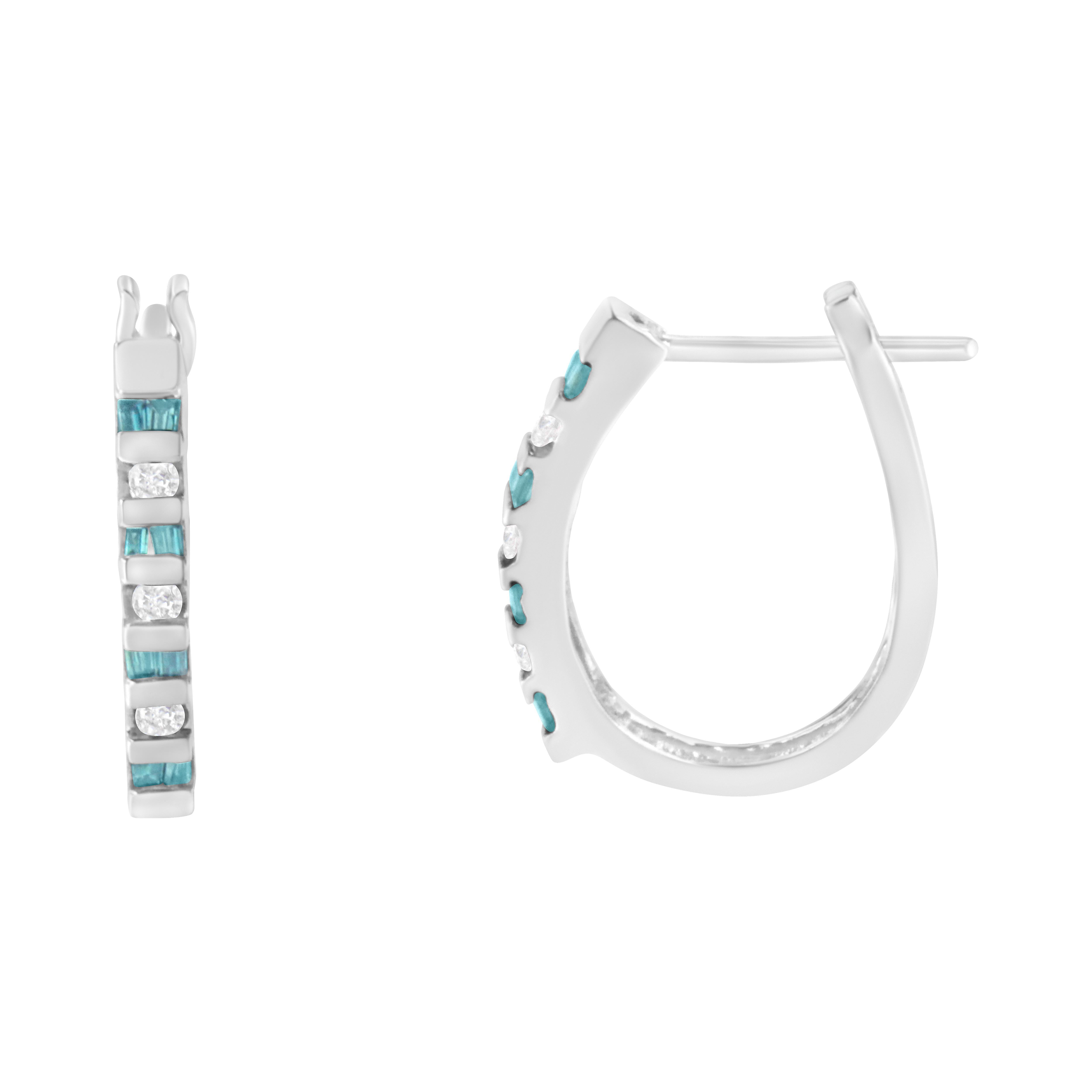 Dazzle with these 10-karat diamond hoop earrings! This pair features brilliantly polished round cut white diamond, and baguette cut treated blue diamond encased in white gold and artfully arranged in a channel setting, thus making the whole of the