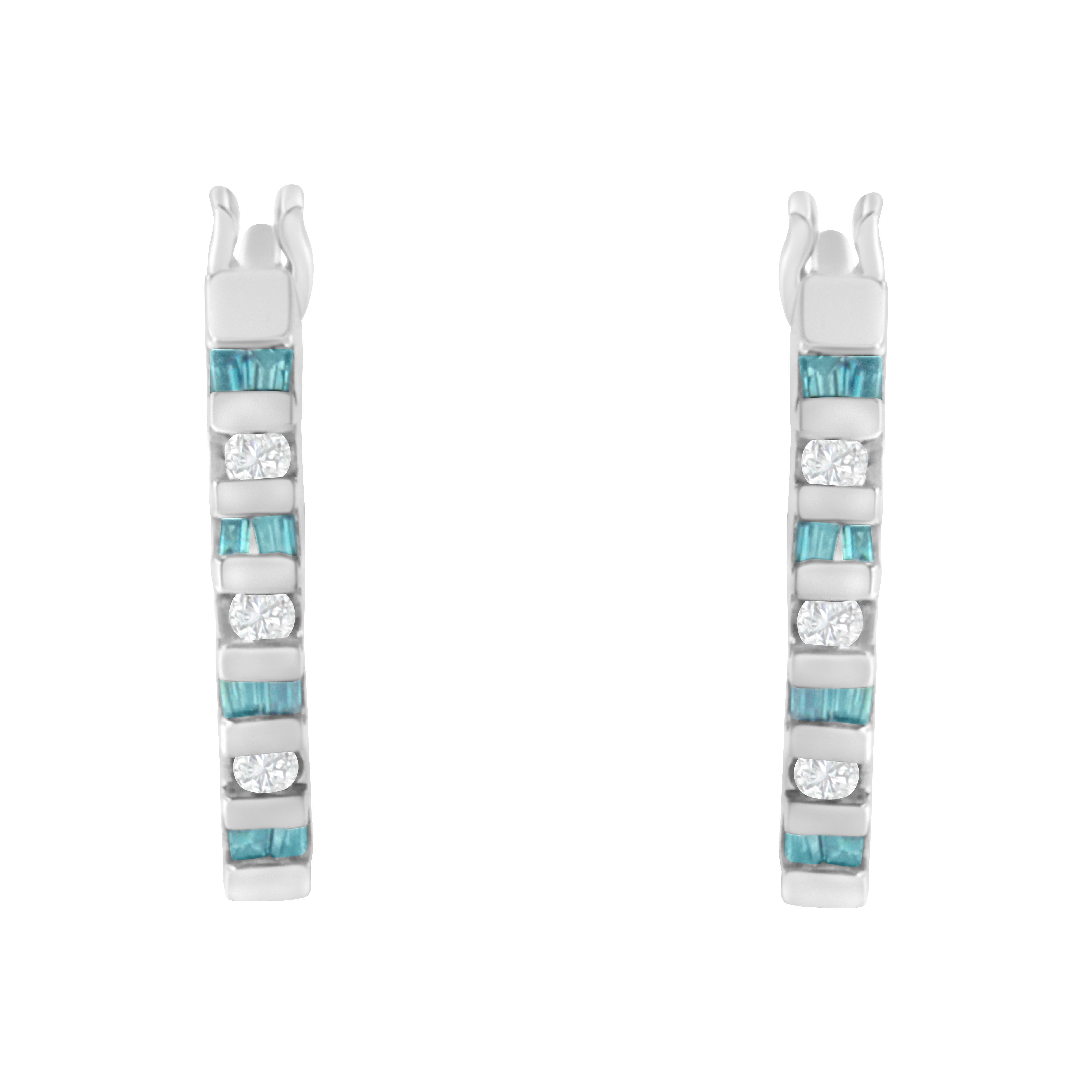 Contemporary 10K White Gold Treated Blue 0.25 Carat Diamond Hoop Earrings For Sale