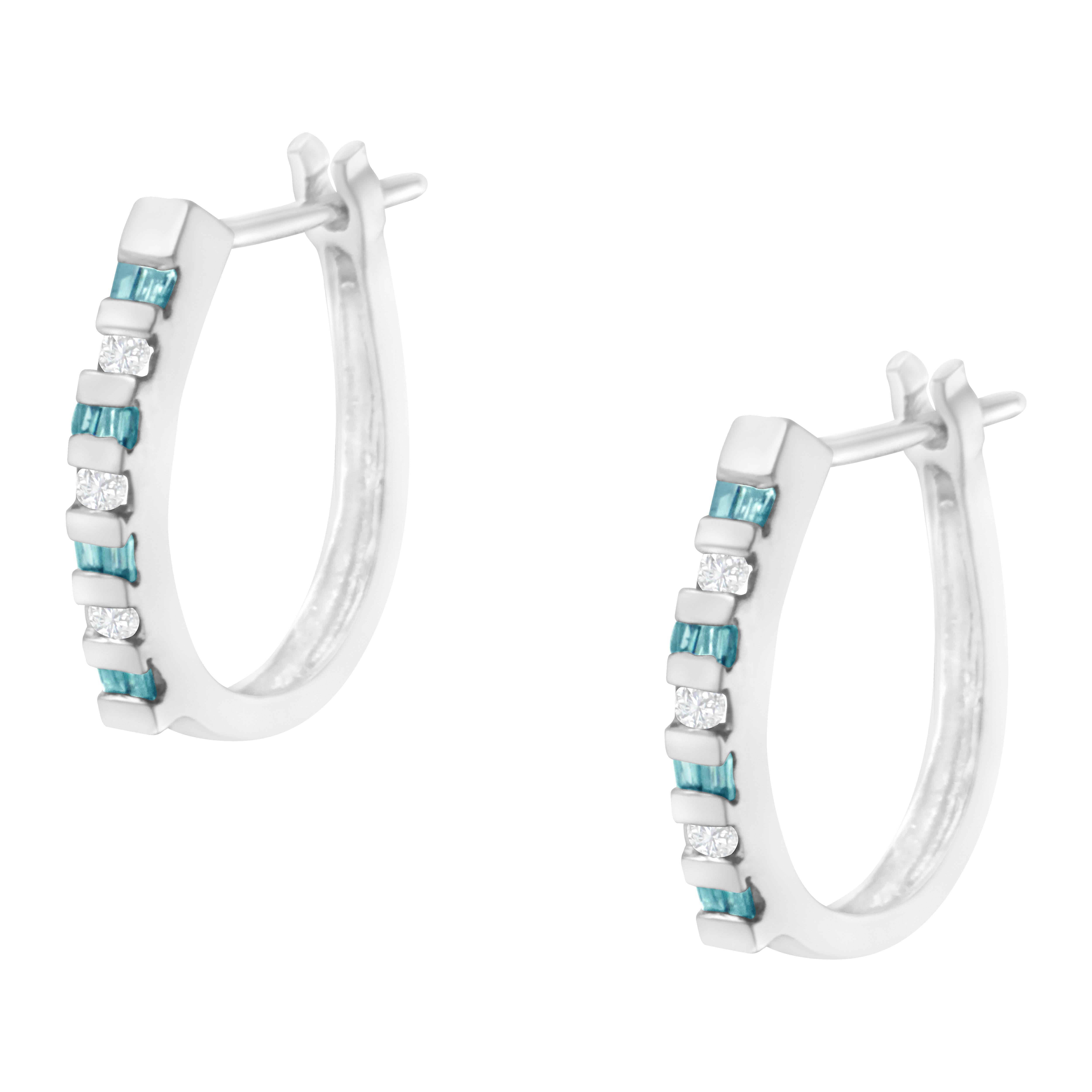 Round Cut 10K White Gold Treated Blue 0.25 Carat Diamond Hoop Earrings For Sale
