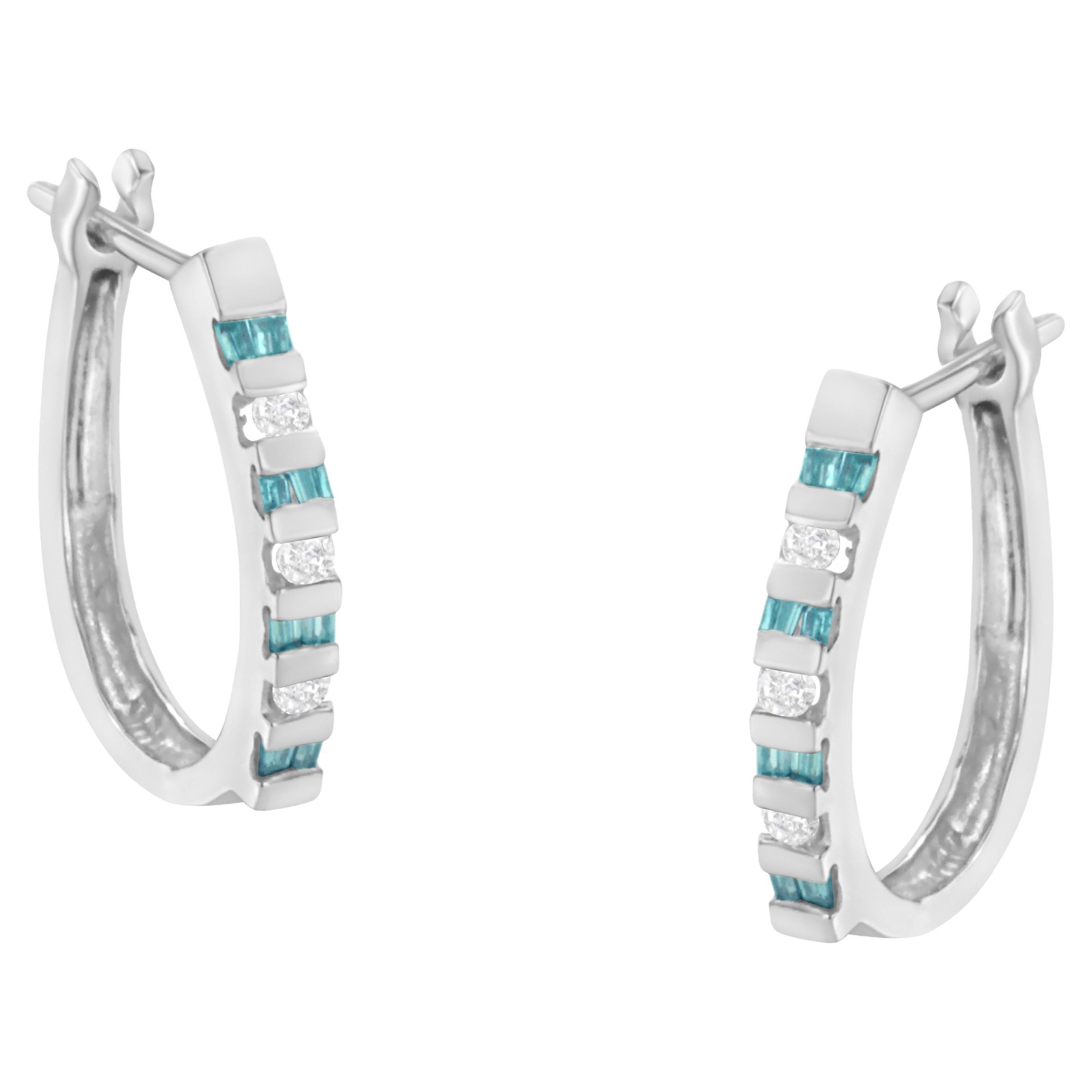 10K White Gold Treated Blue 0.25 Carat Diamond Hoop Earrings For Sale