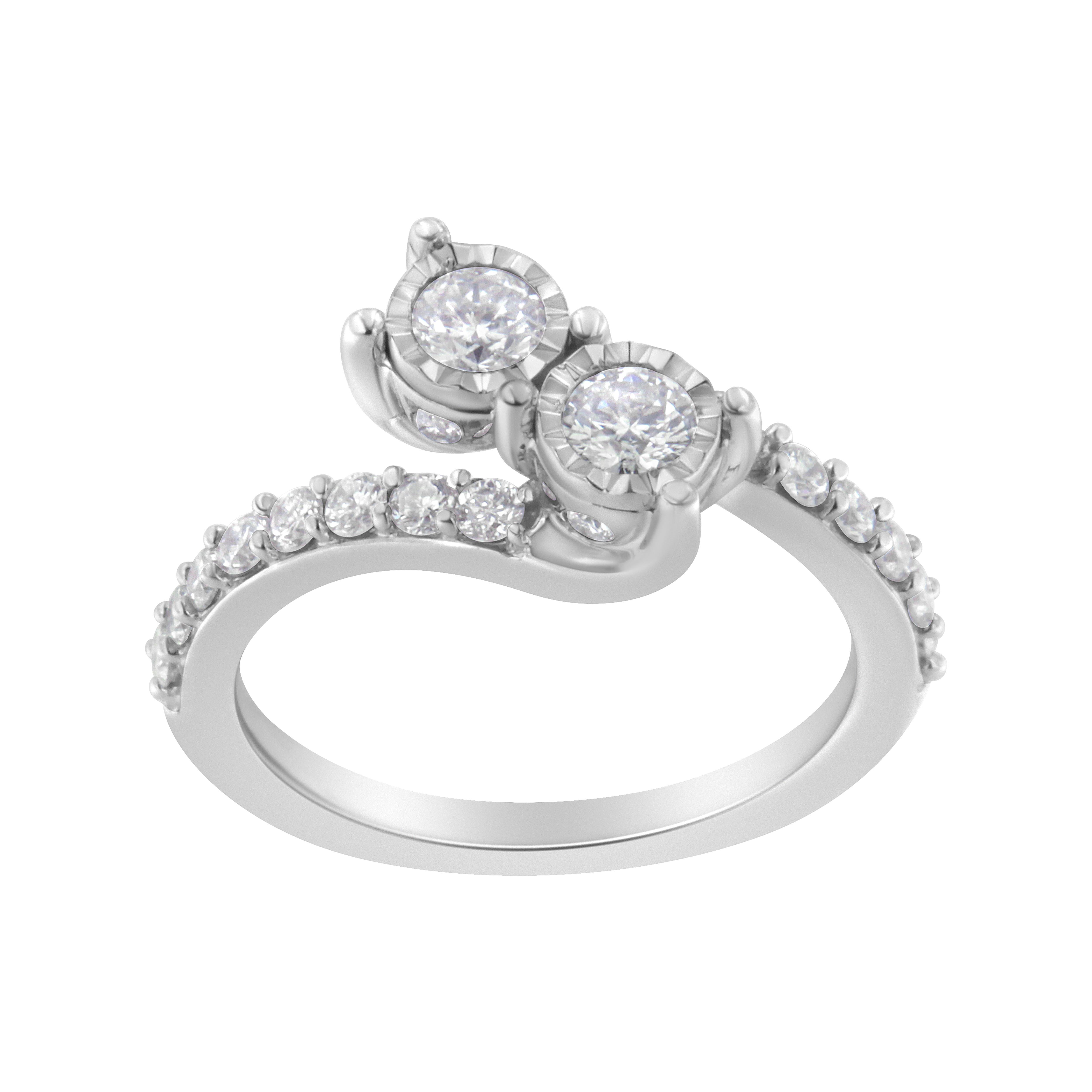 For Sale:  10K White Gold Two-Stone Miracle-Set 1.0 Carat Diamond Bypass Ring 2