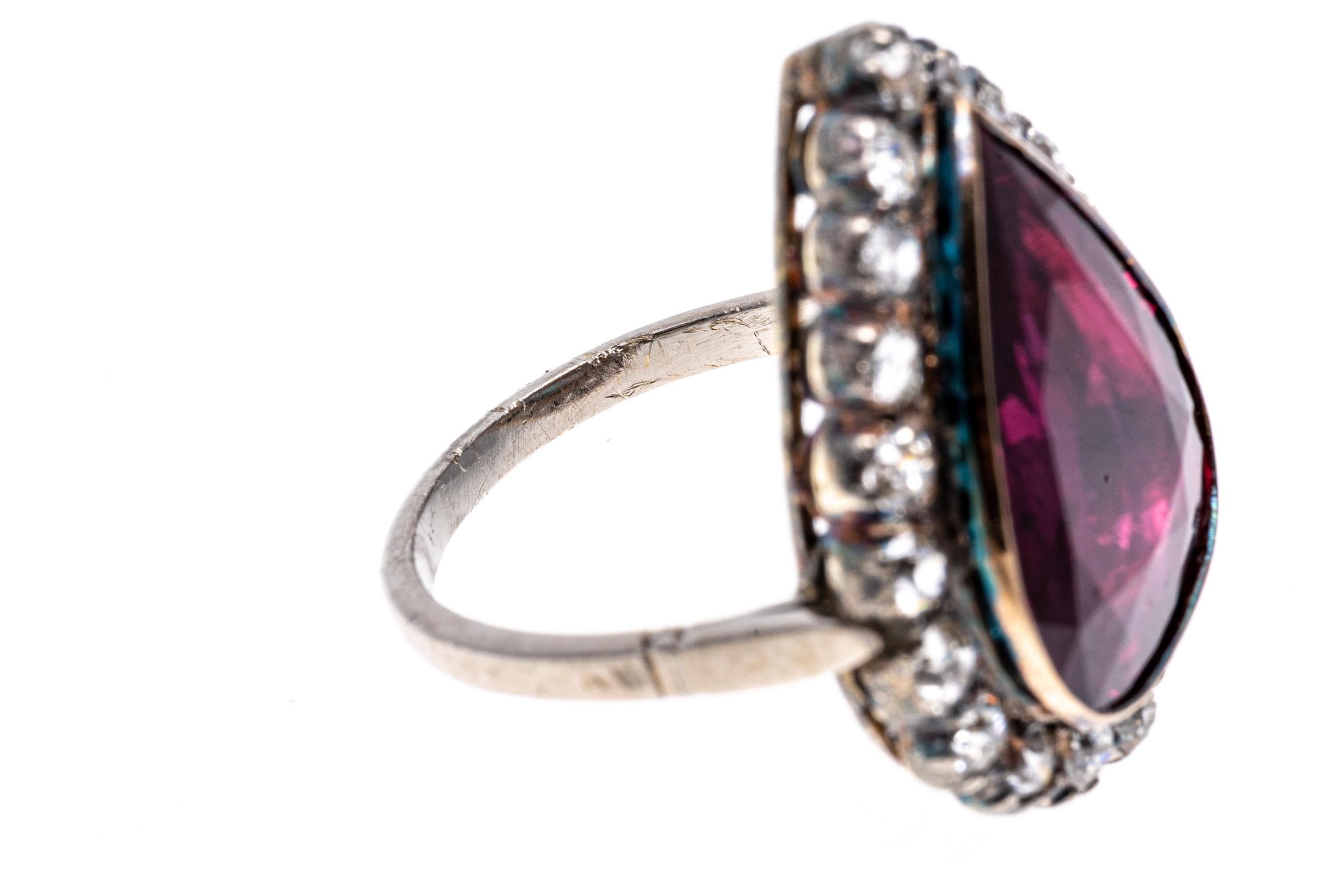 Pear Cut 10k White Gold Vintage Pear Ruby and Old Mine Cut Diamond Halo Ring For Sale