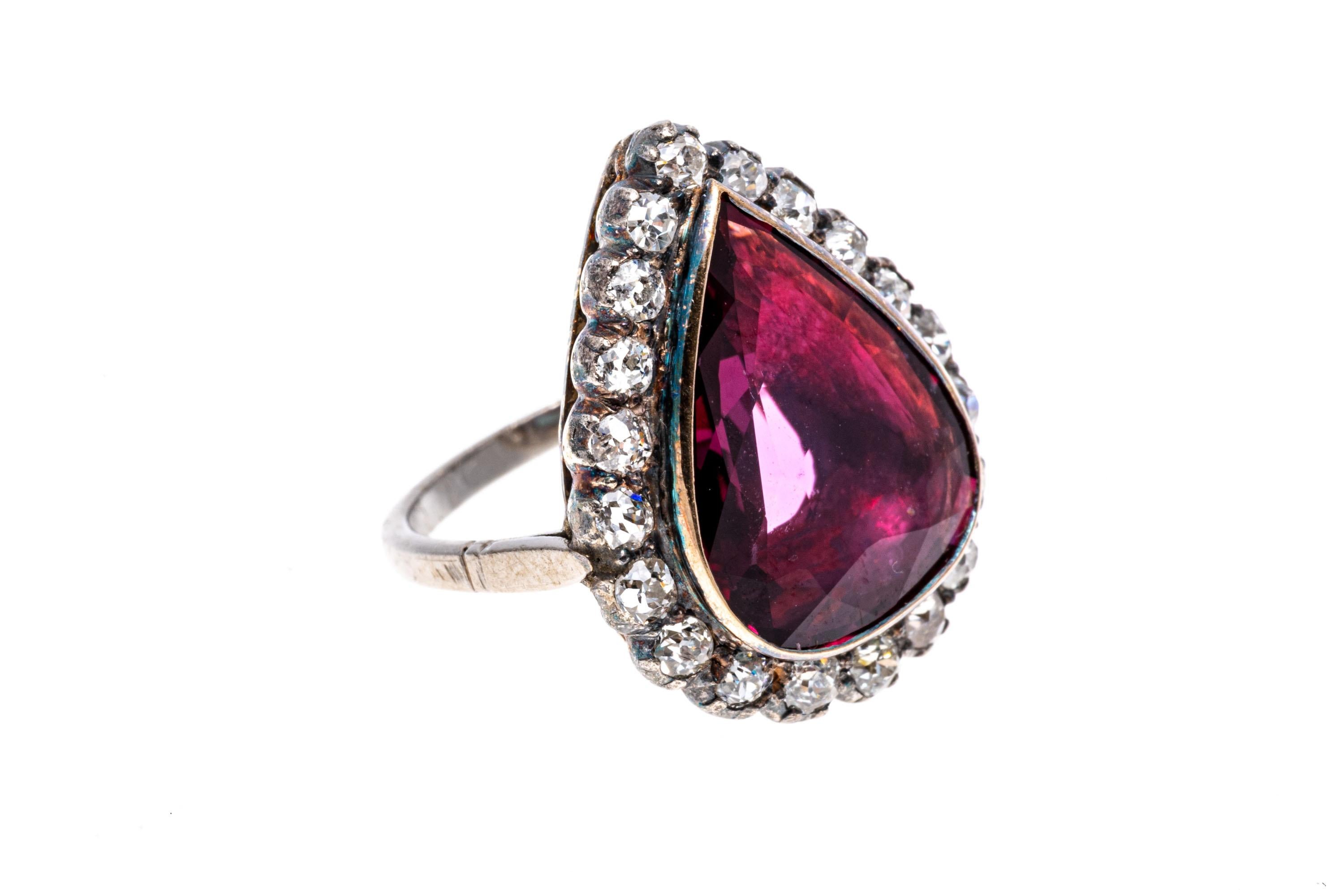 10k White Gold Vintage Pear Ruby and Old Mine Cut Diamond Halo Ring For Sale 2
